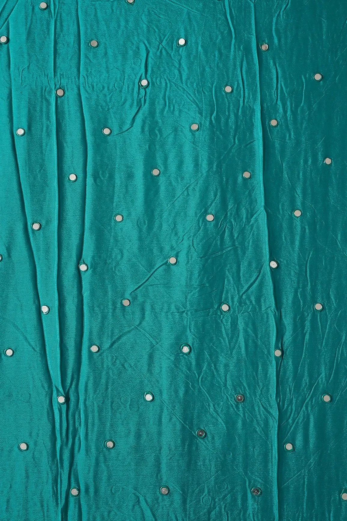 3.75 Meter Cut Piece Of Real Mirror Embroidery Work On Dark Turquoise Viscose Chinnon Chiffon Fabric