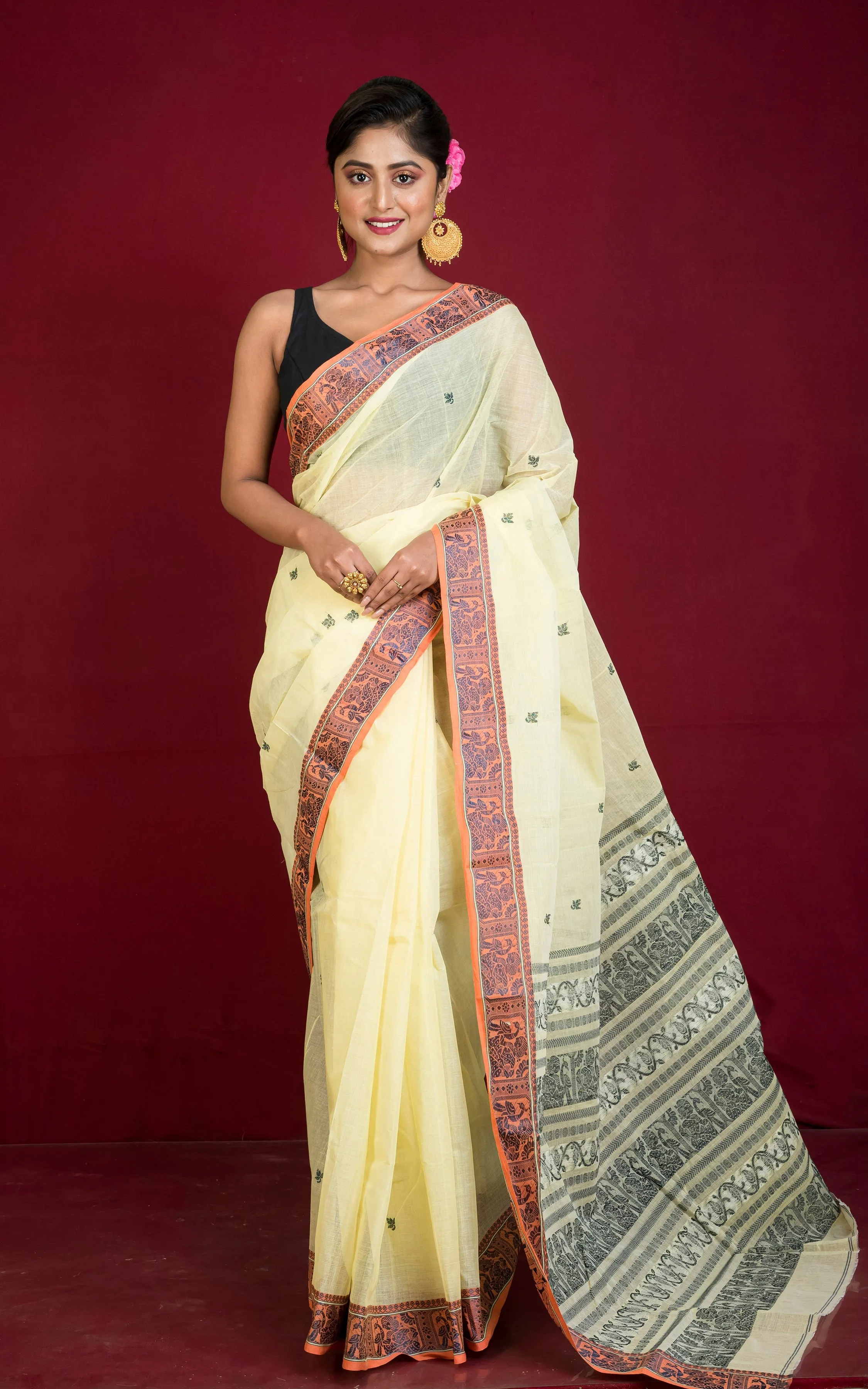 Bengal Handloom Cotton Baluchari Saree in Pastel Yellow, Apricot and Steel Grey