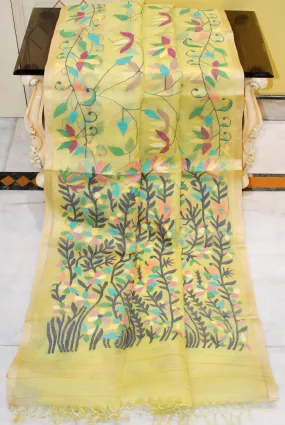 Bengal's Pride Premium Hand Woven Jangla Jaal Work Muslin Silk Dhakai Jamdani Saree in Pastel Lime Green and Multicolored Minakari Woven Thread Work