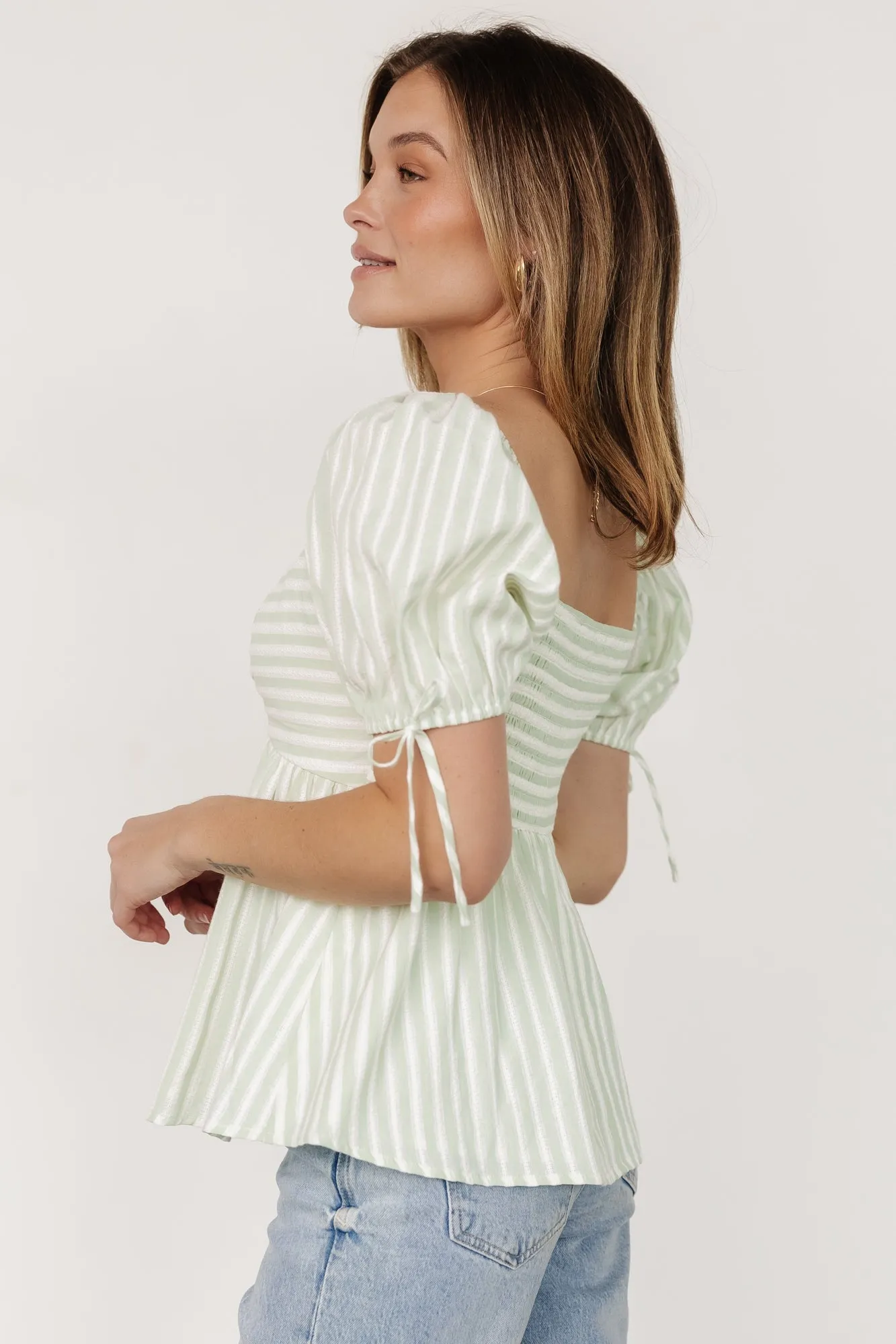 Betsy Peplum Top | Green  White Stripe