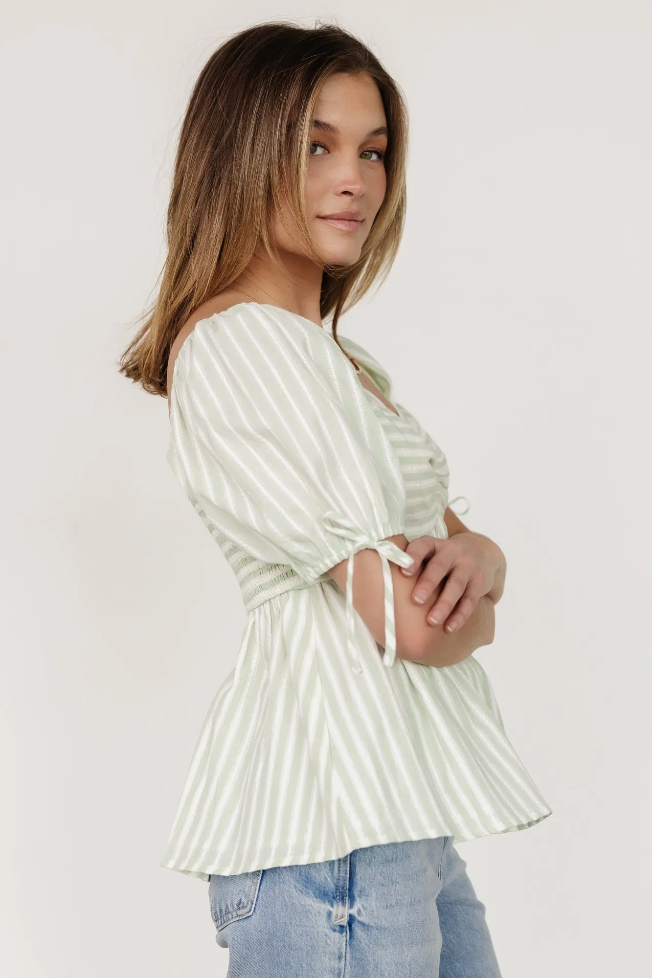 Betsy Peplum Top | Green  White Stripe