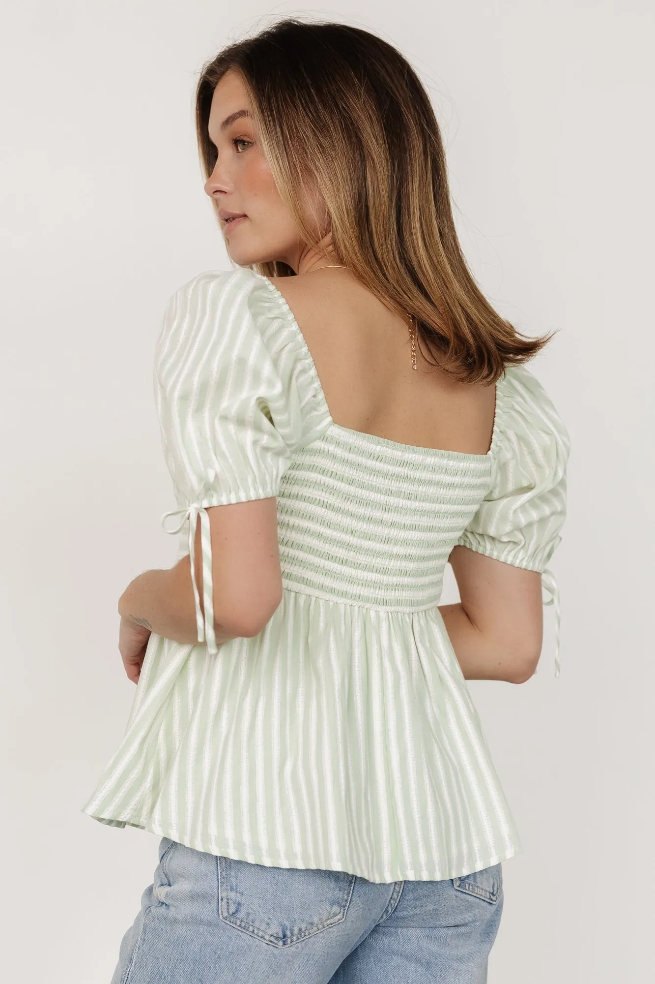 Betsy Peplum Top | Green  White Stripe