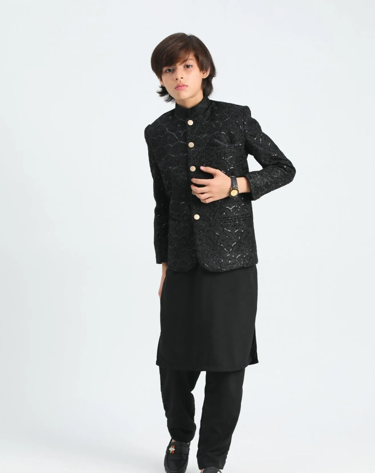 Black Kurta Trouser with Sequin Embroidered Prince Coat - Kids