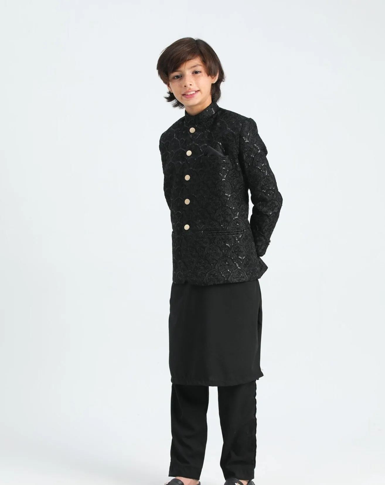 Black Kurta Trouser with Sequin Embroidered Prince Coat - Kids