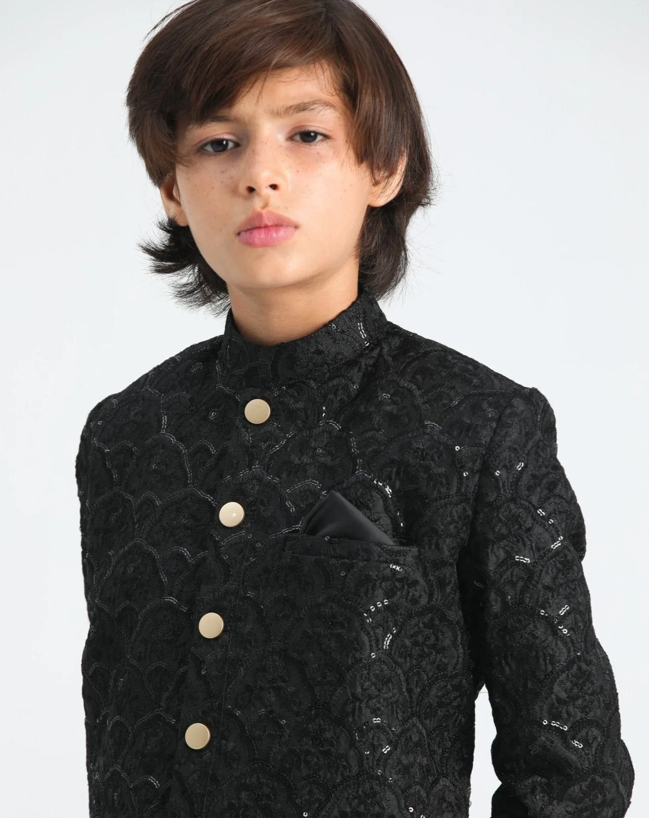 Black Kurta Trouser with Sequin Embroidered Prince Coat - Kids