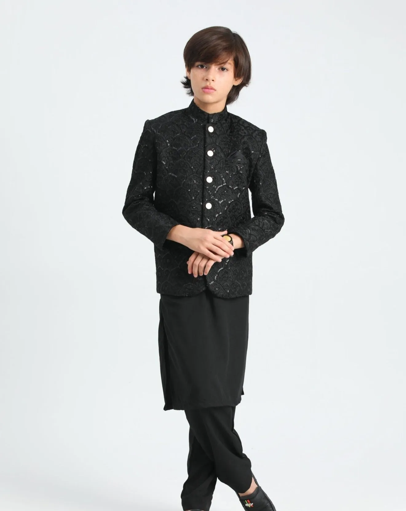 Black Kurta Trouser with Sequin Embroidered Prince Coat - Kids