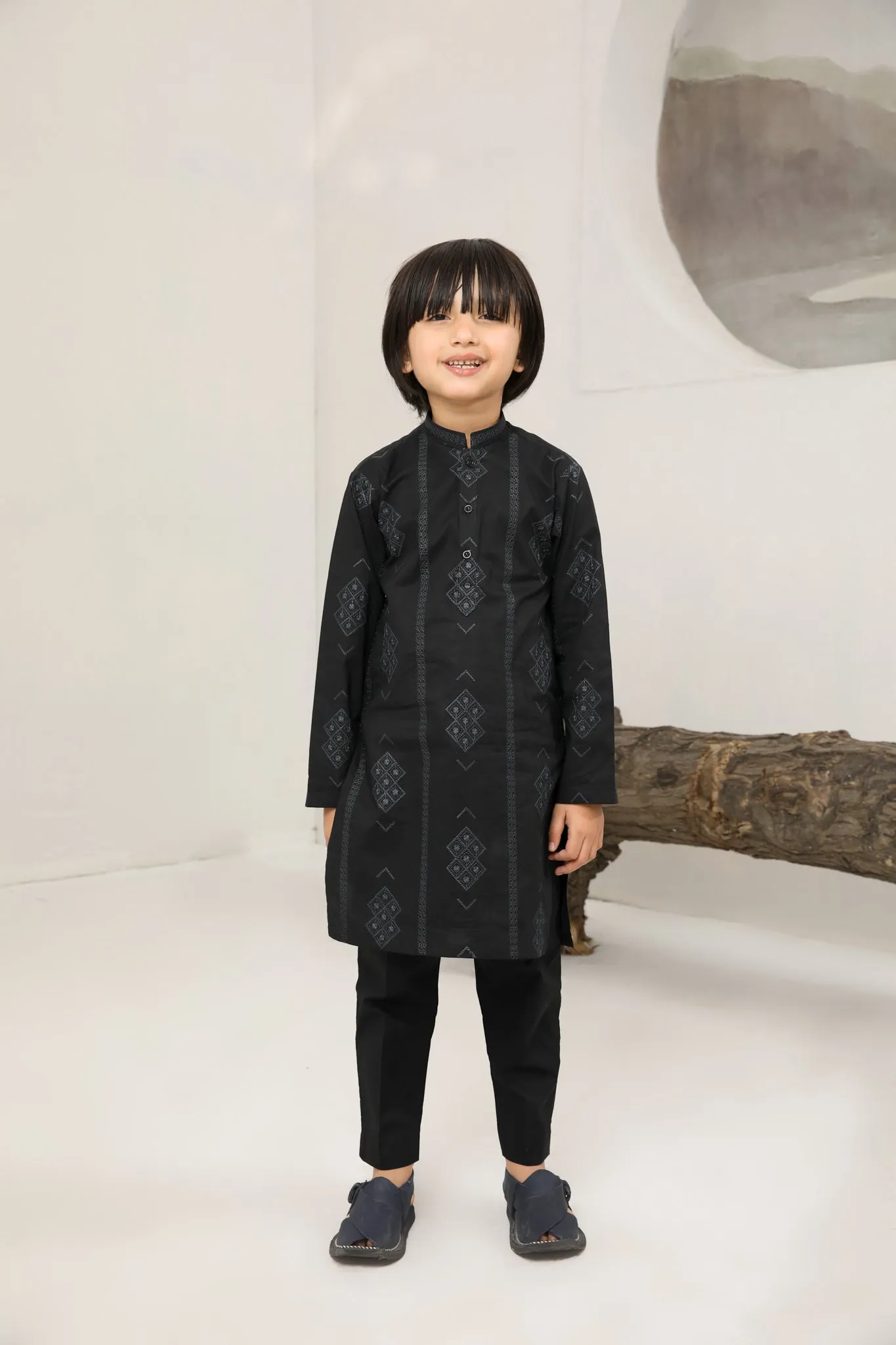 Black Motif Cotton Embroidered Kurta Trouser - Kids