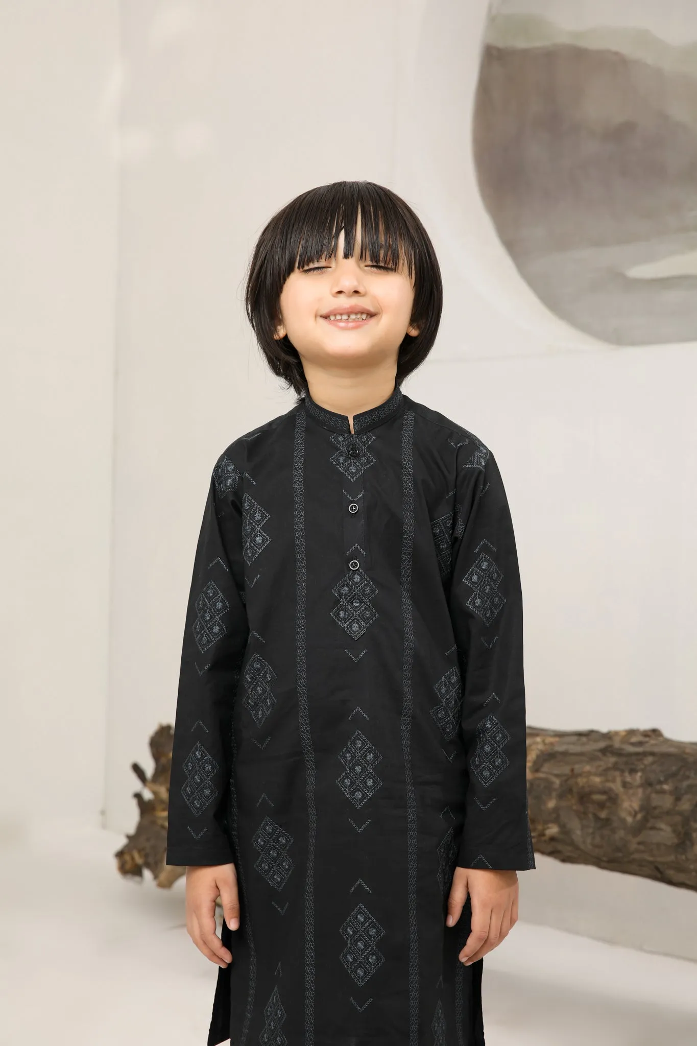 Black Motif Cotton Embroidered Kurta Trouser - Kids