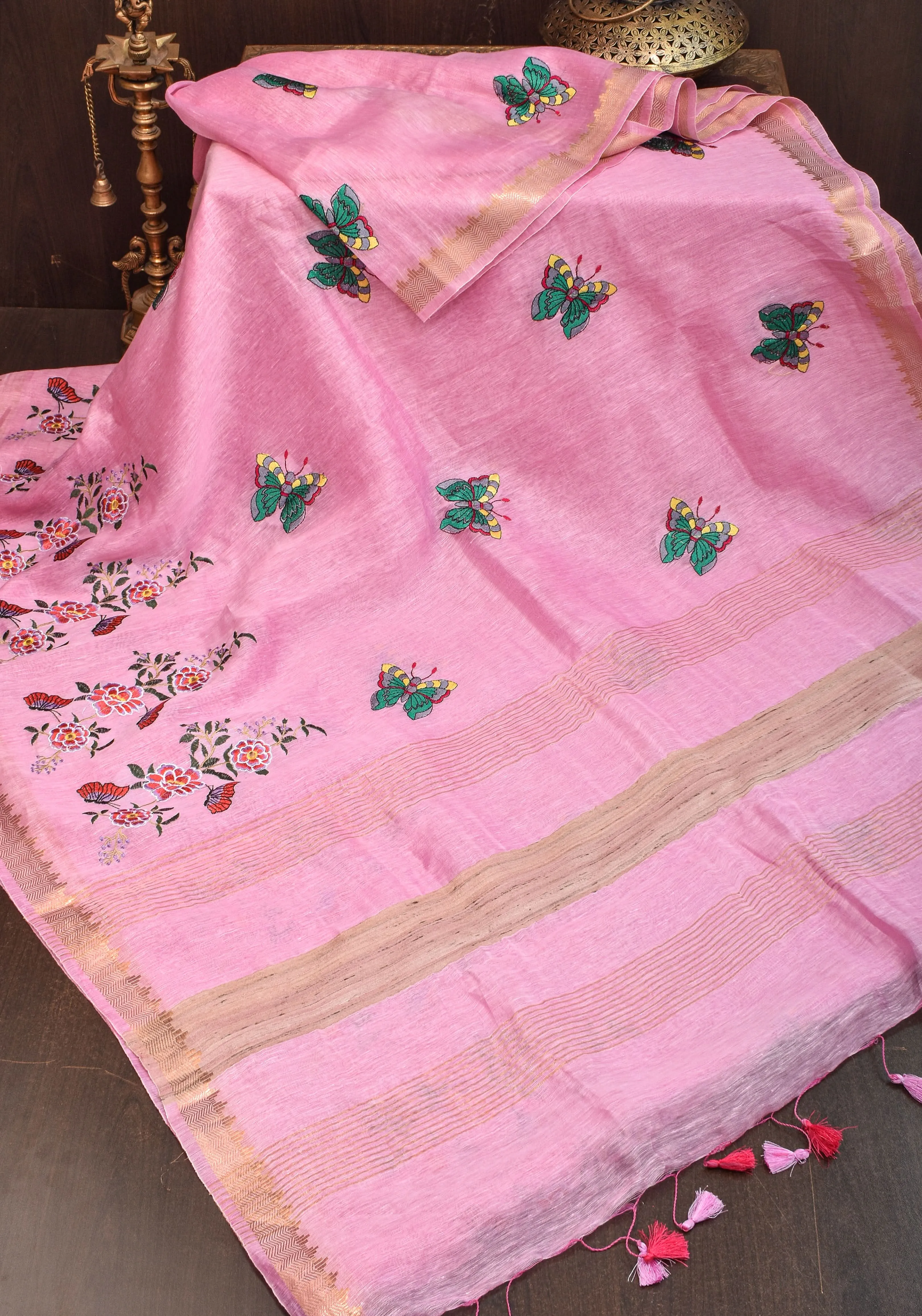 Blooms of Joy - Floral Embroidered Saree in Lotus Pink