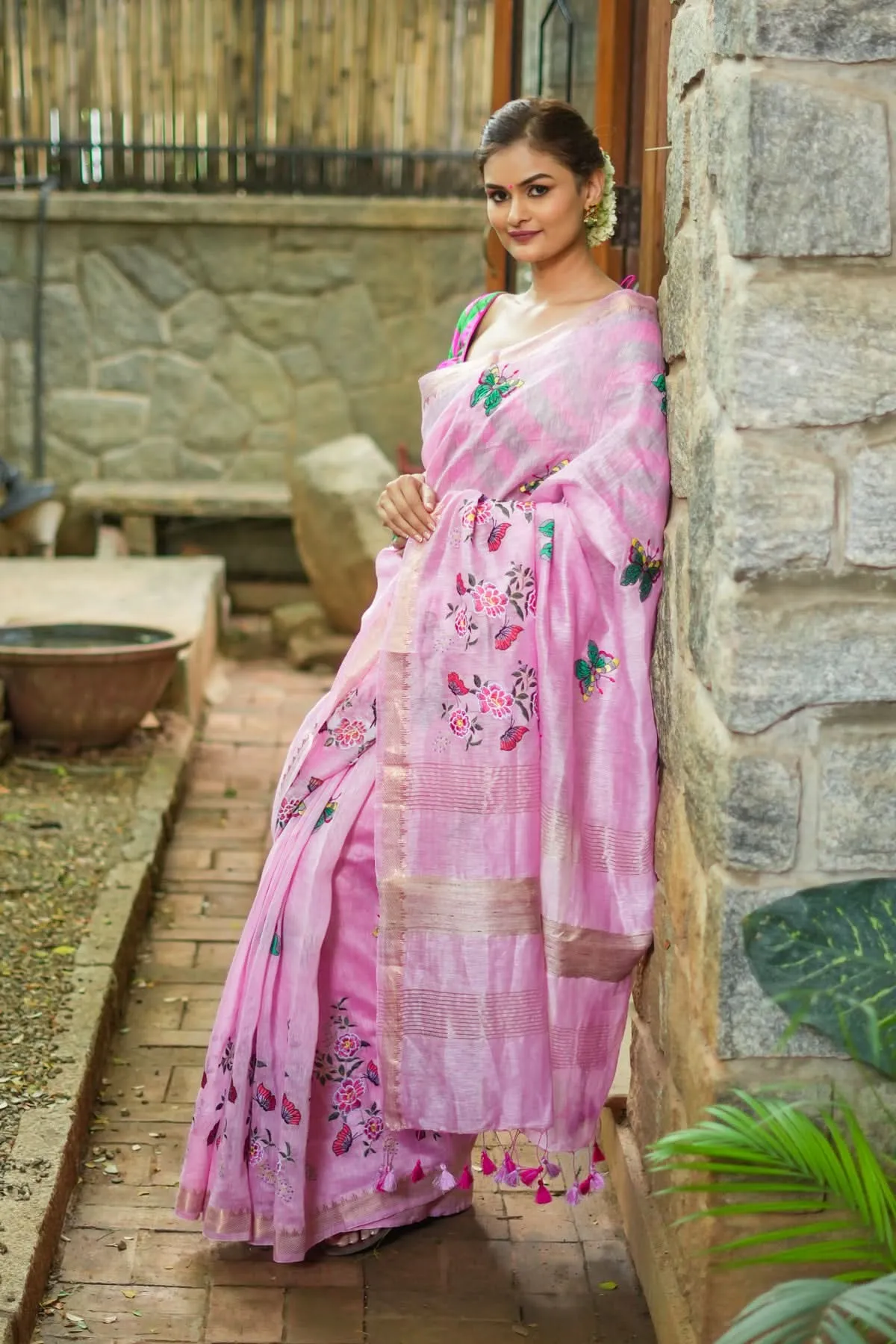 Blooms of Joy - Floral Embroidered Saree in Lotus Pink