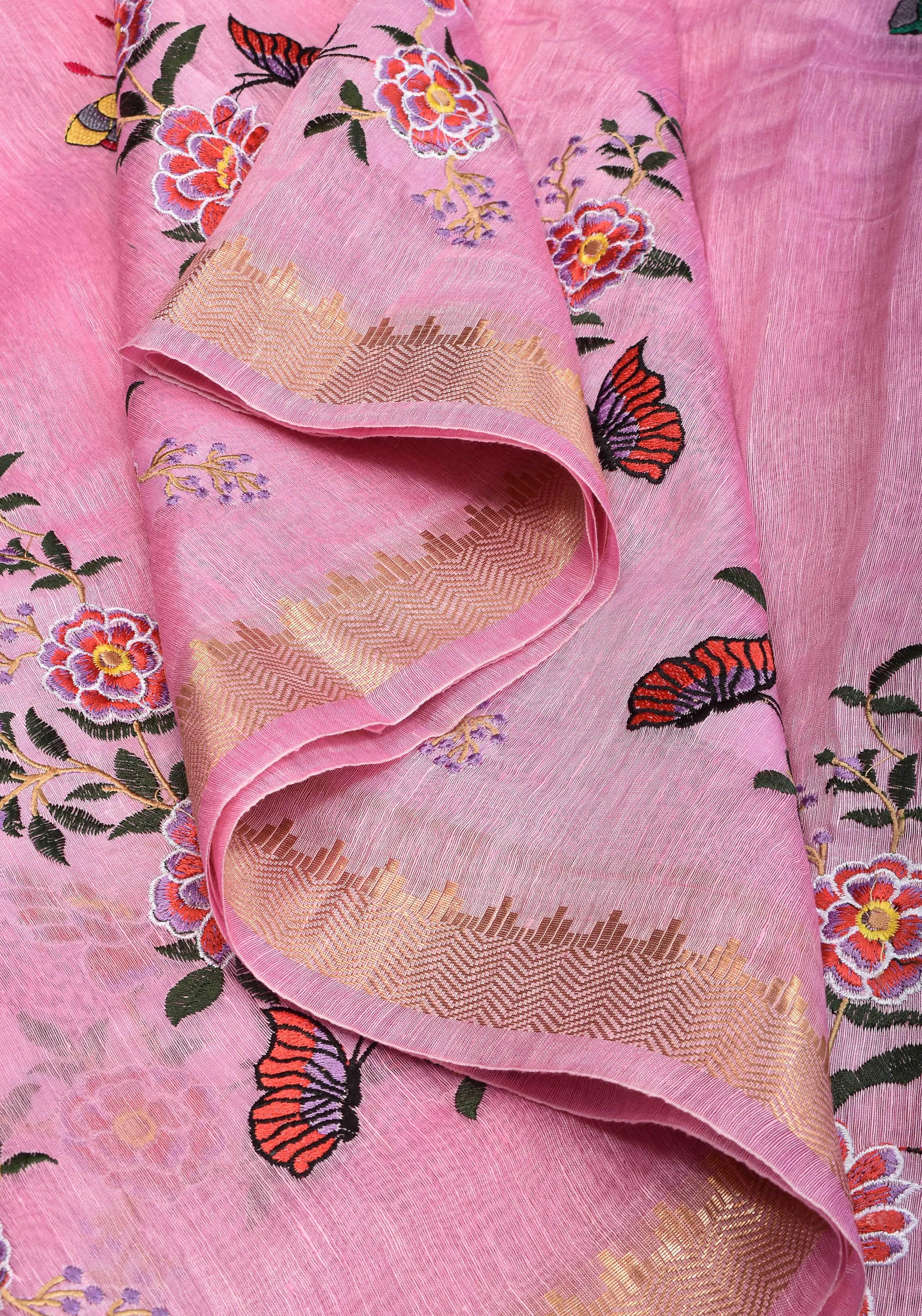 Blooms of Joy - Floral Embroidered Saree in Lotus Pink