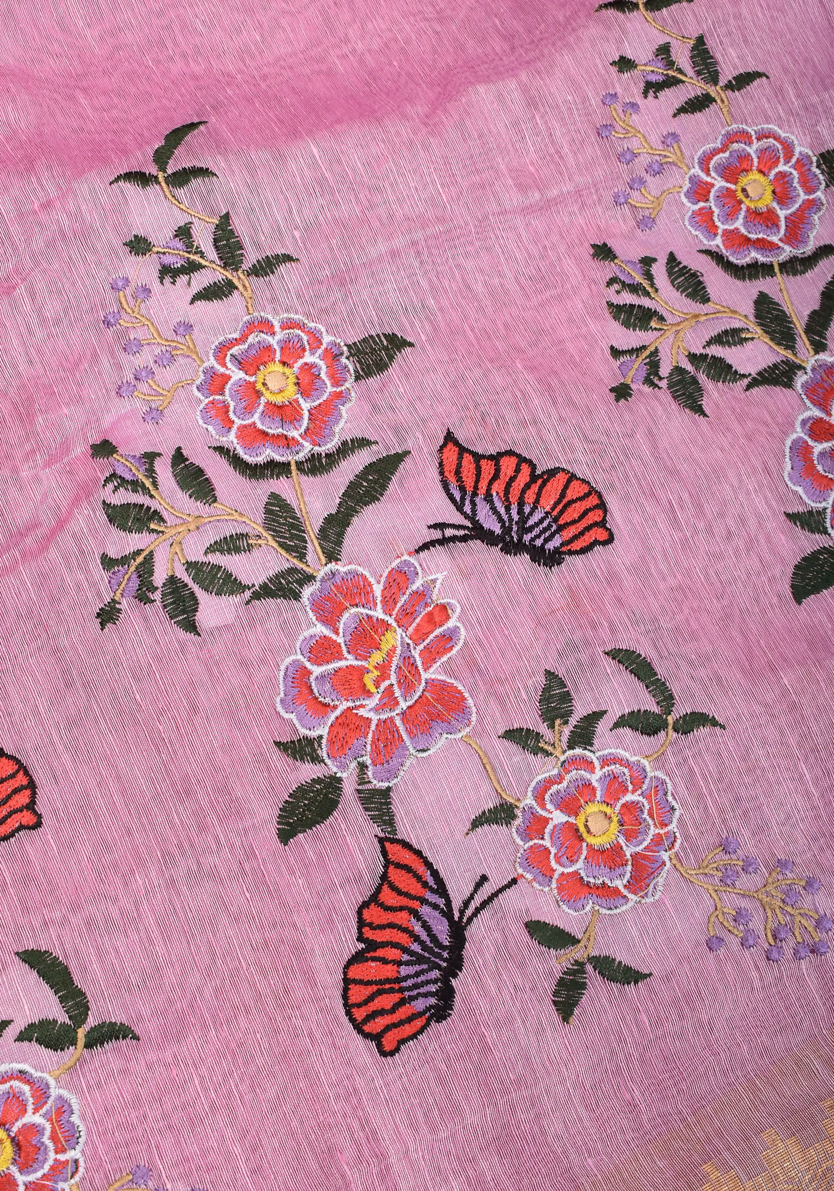 Blooms of Joy - Floral Embroidered Saree in Lotus Pink