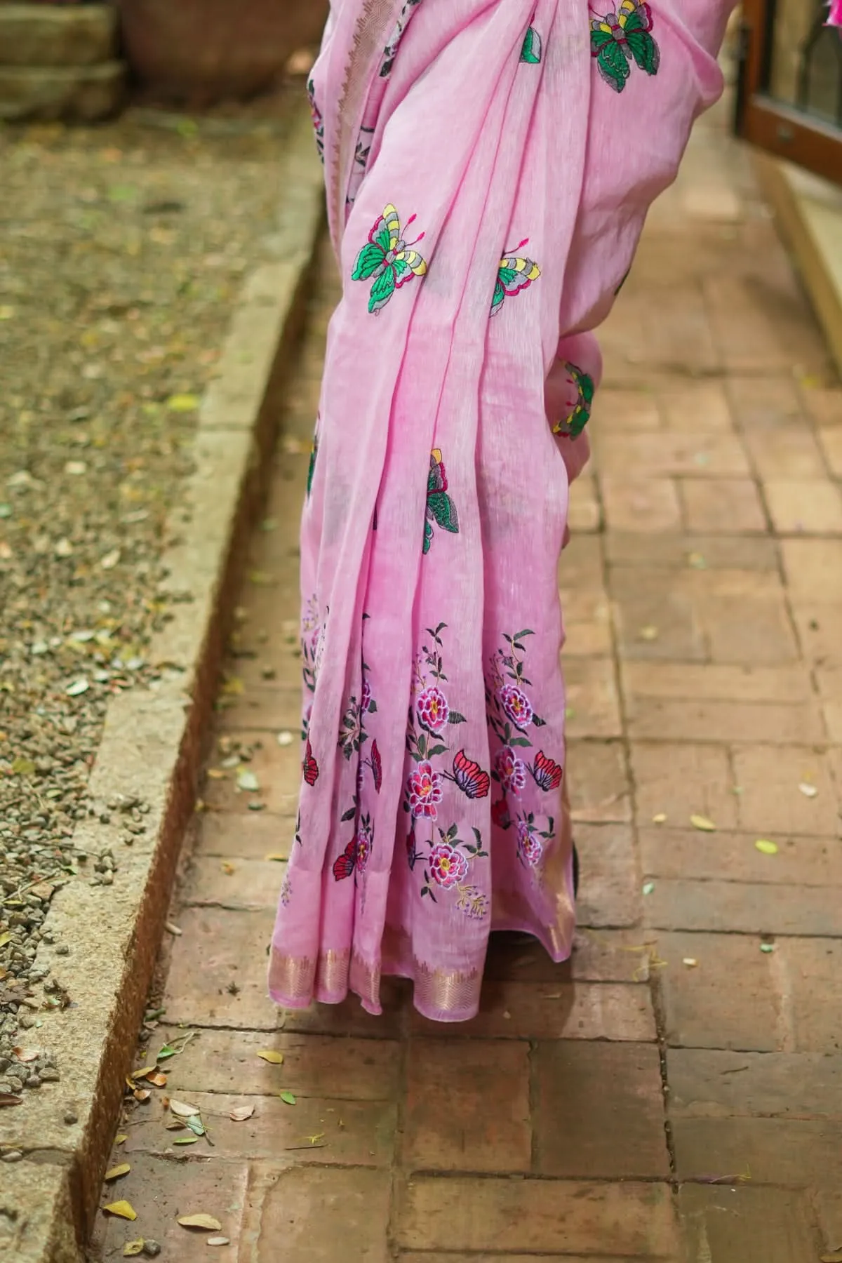 Blooms of Joy - Floral Embroidered Saree in Lotus Pink