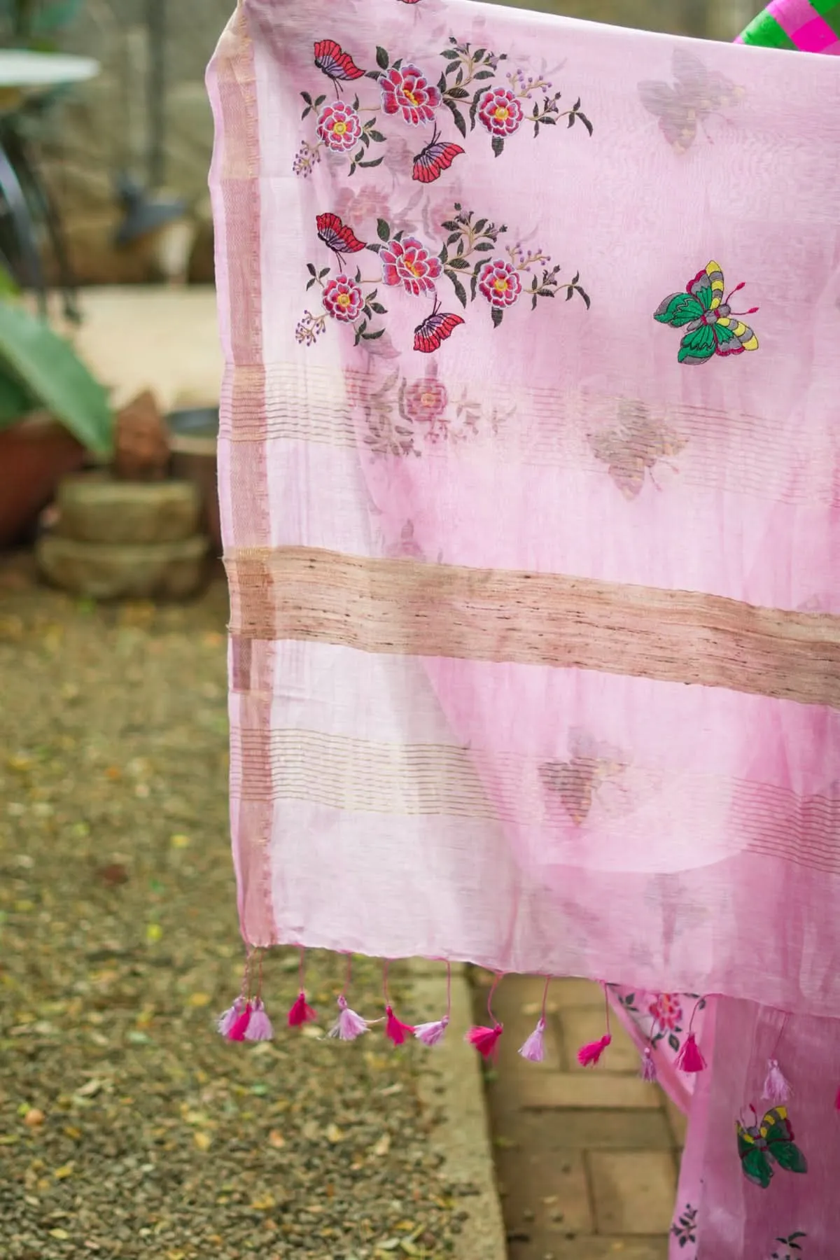 Blooms of Joy - Floral Embroidered Saree in Lotus Pink