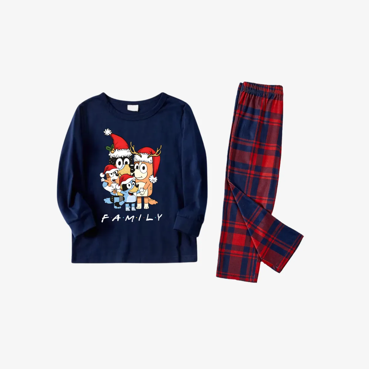 Bluey-Themed Festive Animal Pattern Blue&Red Plaid Family Pajama Sets