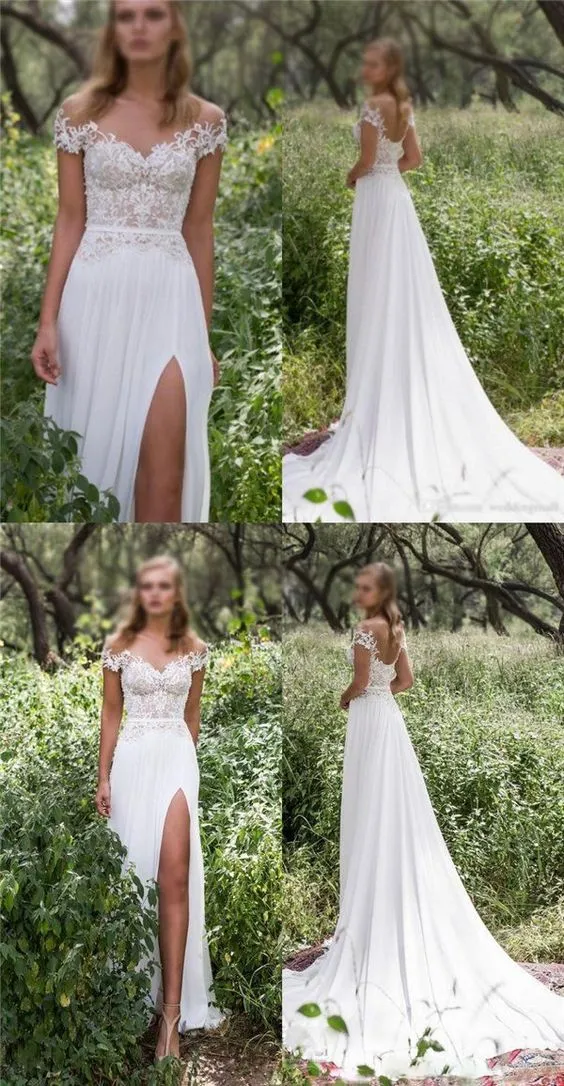 Boho Side Slit Flowy Lace Top Wedding Dress