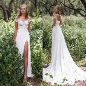 Boho Side Slit Flowy Lace Top Wedding Dress