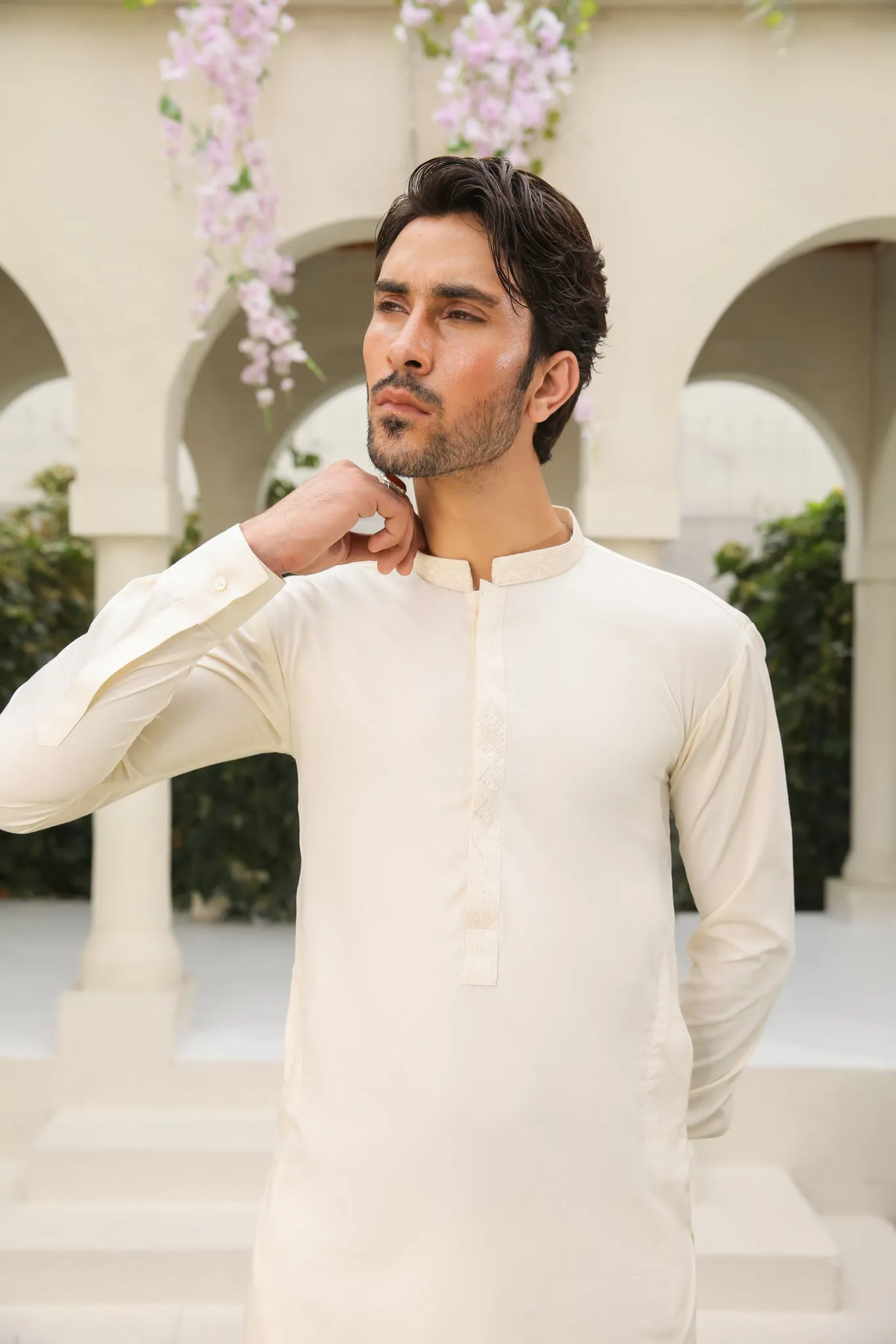 Bosky White Kurta Trouser - Collar Neck Embroidered - Men