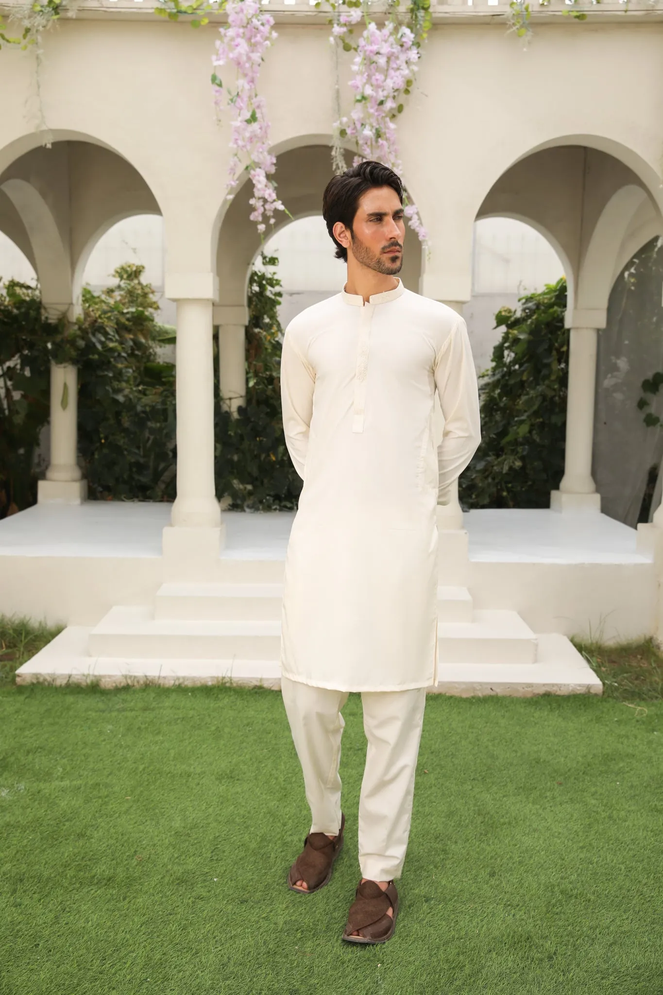 Bosky White Kurta Trouser - Collar Neck Embroidered - Men