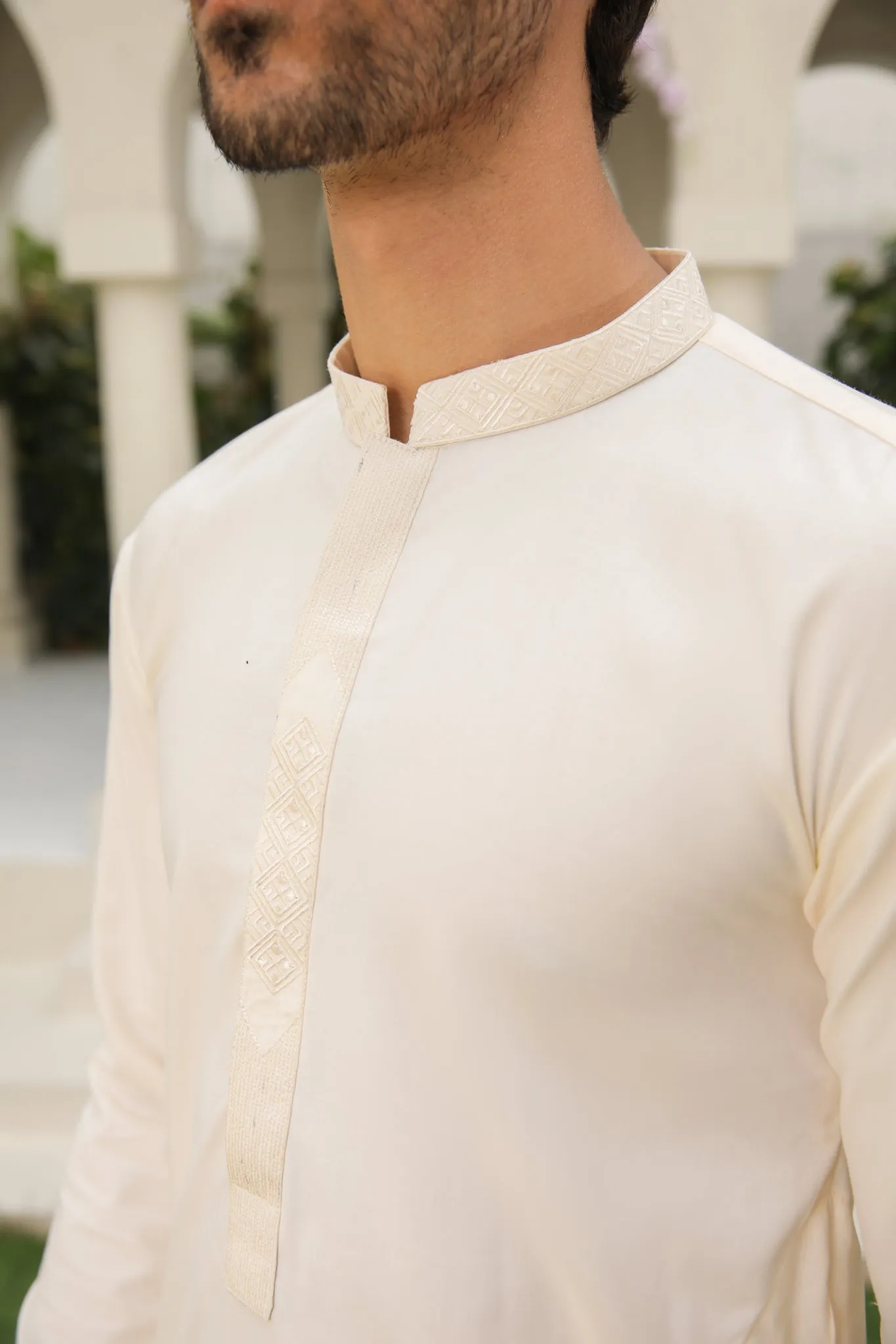 Bosky White Kurta Trouser - Collar Neck Embroidered - Men