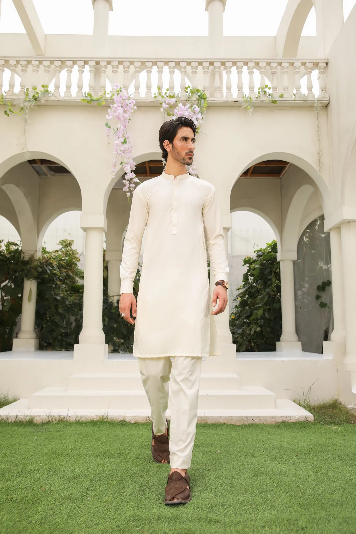 Bosky White Kurta Trouser - Collar Neck Embroidered - Men