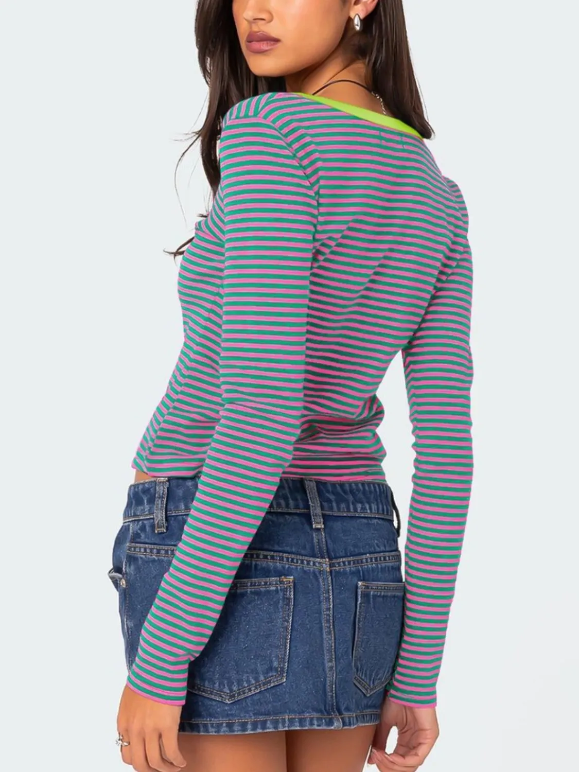 Buttoned Striped Long Sleeve T-Shirt