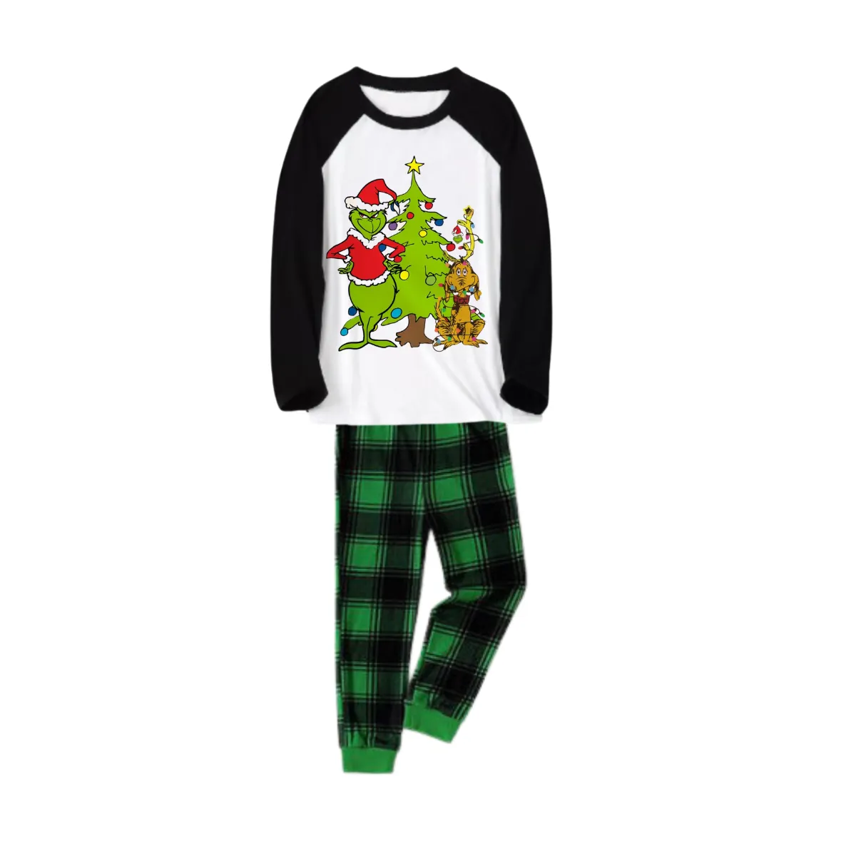 Cartoon Pattern and Christmad Tree Printed Green and Black Plaid Christmas Family Pajamas