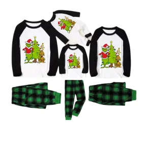 Cartoon Pattern and Christmad Tree Printed Green and Black Plaid Christmas Family Pajamas