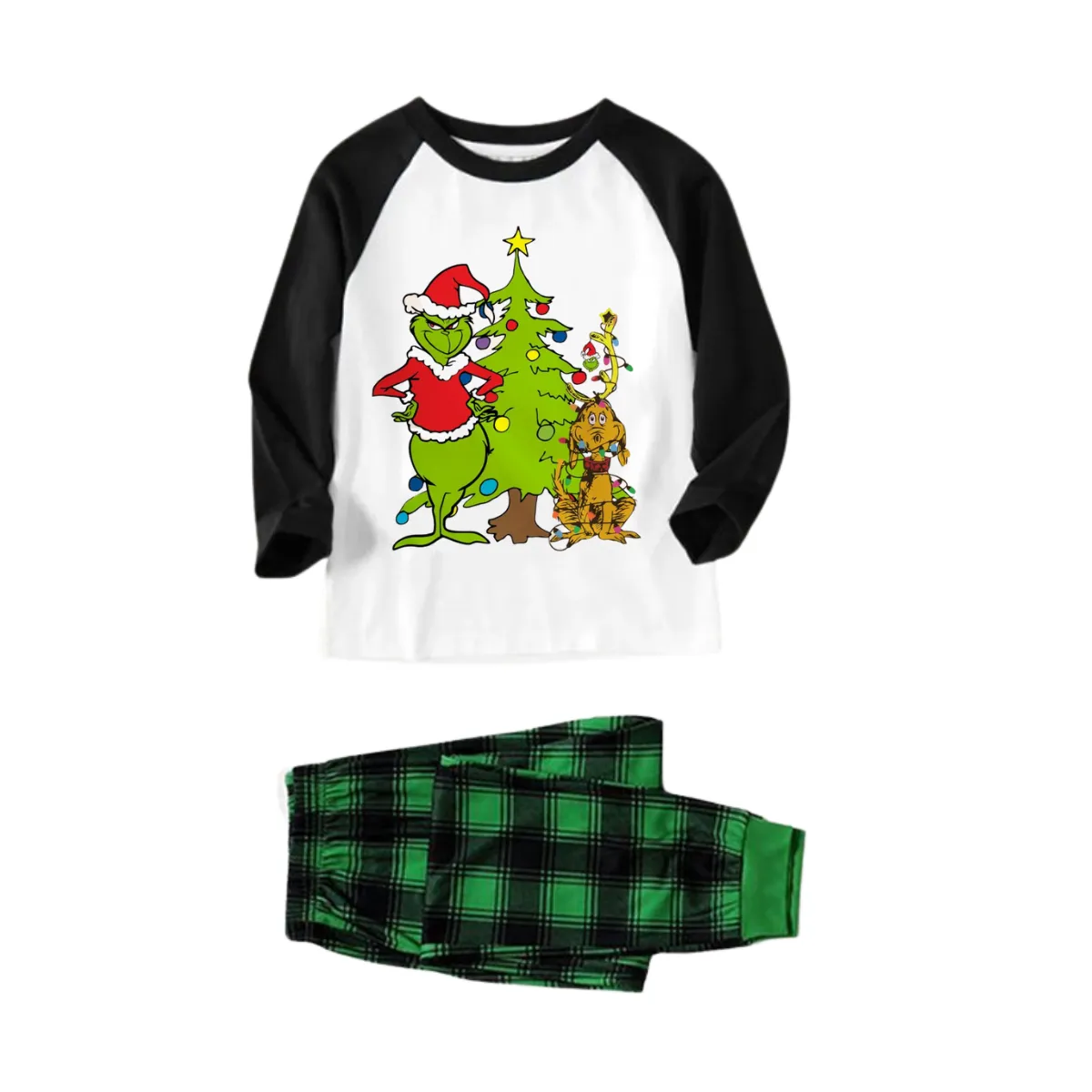 Cartoon Pattern and Christmad Tree Printed Green and Black Plaid Christmas Family Pajamas