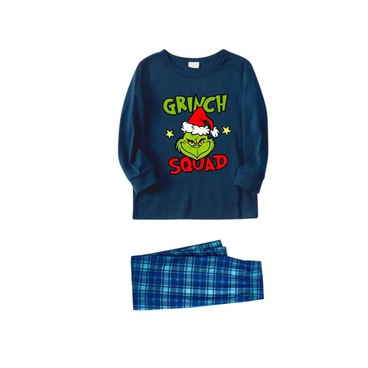 Christmas Cartoon Pattern and Text Print Blue Long Sleeve Top With Blue Plaid Family Matching Pajamas