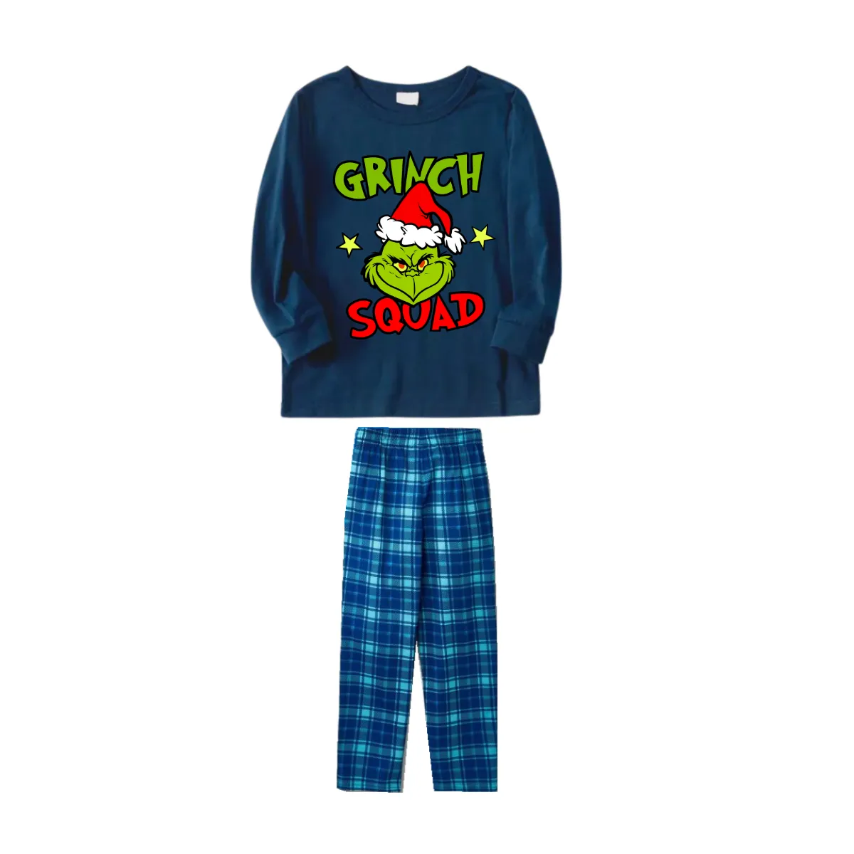 Christmas Cartoon Pattern and Text Print Blue Long Sleeve Top With Blue Plaid Family Matching Pajamas