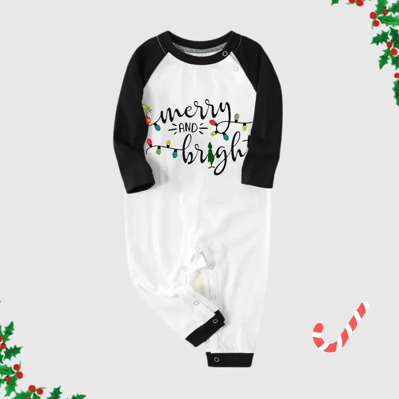 Christmas Cute Cartoon Bulb Print and 'Merry and Light’ Letter Print Casual Long Sleeve Sweatshirts Black Contrast Top and Black and Green Plaid Pants Family Matching Pajamas Sets