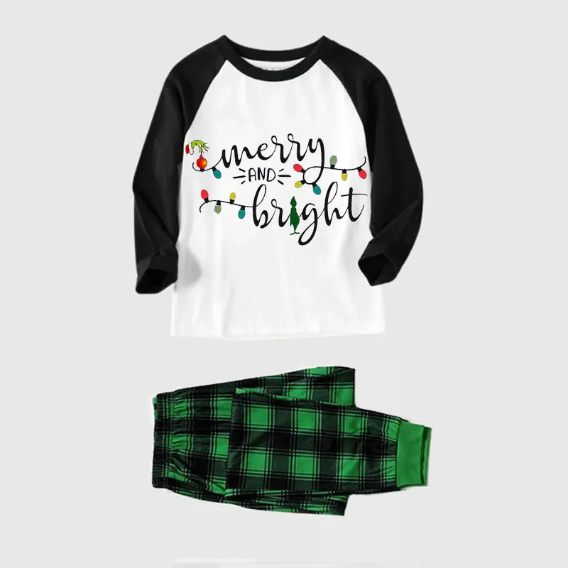 Christmas Cute Cartoon Bulb Print and 'Merry and Light’ Letter Print Casual Long Sleeve Sweatshirts Black Contrast Top and Black and Green Plaid Pants Family Matching Pajamas Sets