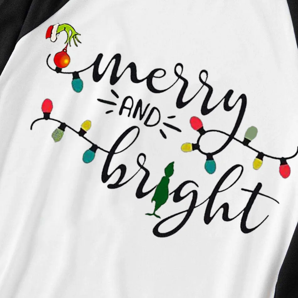 Christmas Cute Cartoon Bulb Print and 'Merry and Light’ Letter Print Casual Long Sleeve Sweatshirts Black Contrast Top and Black and Green Plaid Pants Family Matching Pajamas Sets