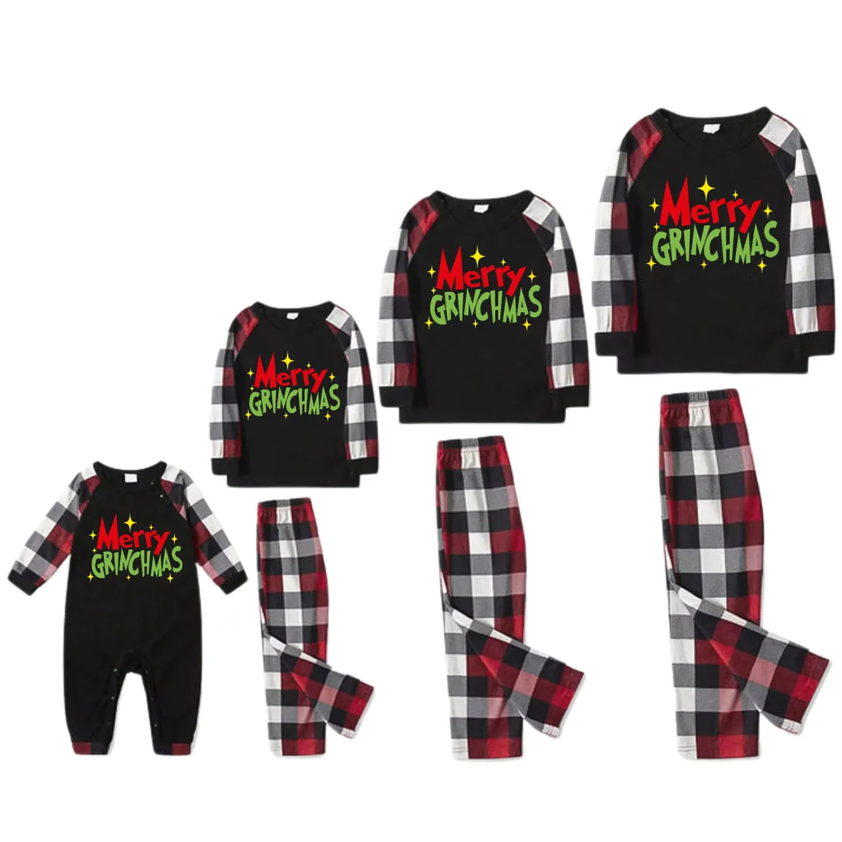 Christmas Text Prints Red & Black & Grey & White Plaid Family Matching Pajamas