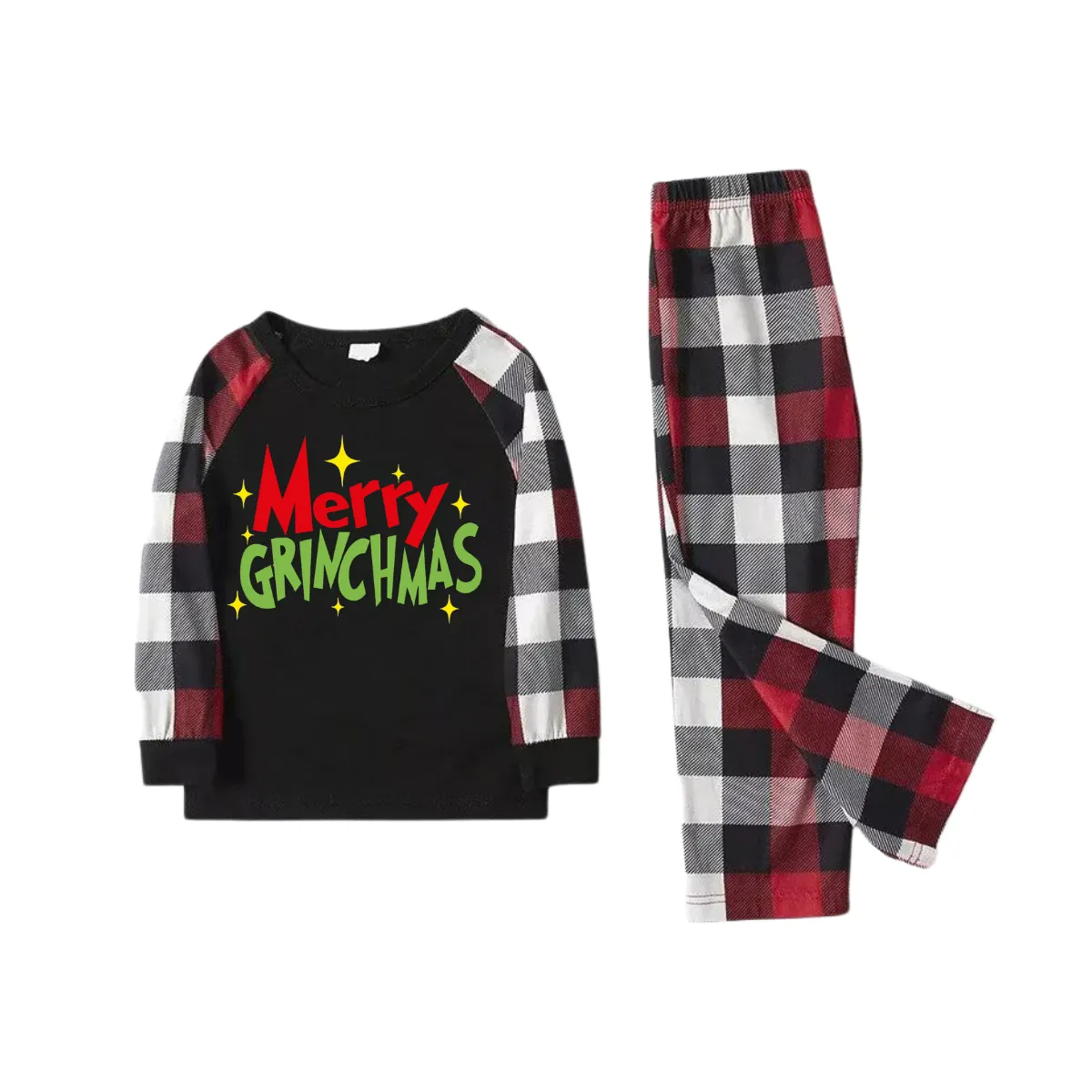 Christmas Text Prints Red & Black & Grey & White Plaid Family Matching Pajamas