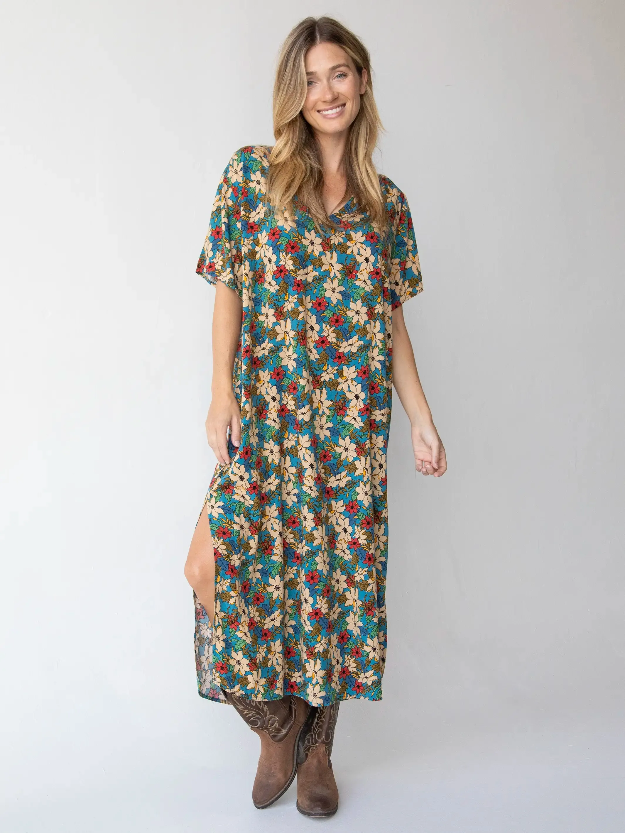 Claire Maxi Dress - Blue Tan Lilies