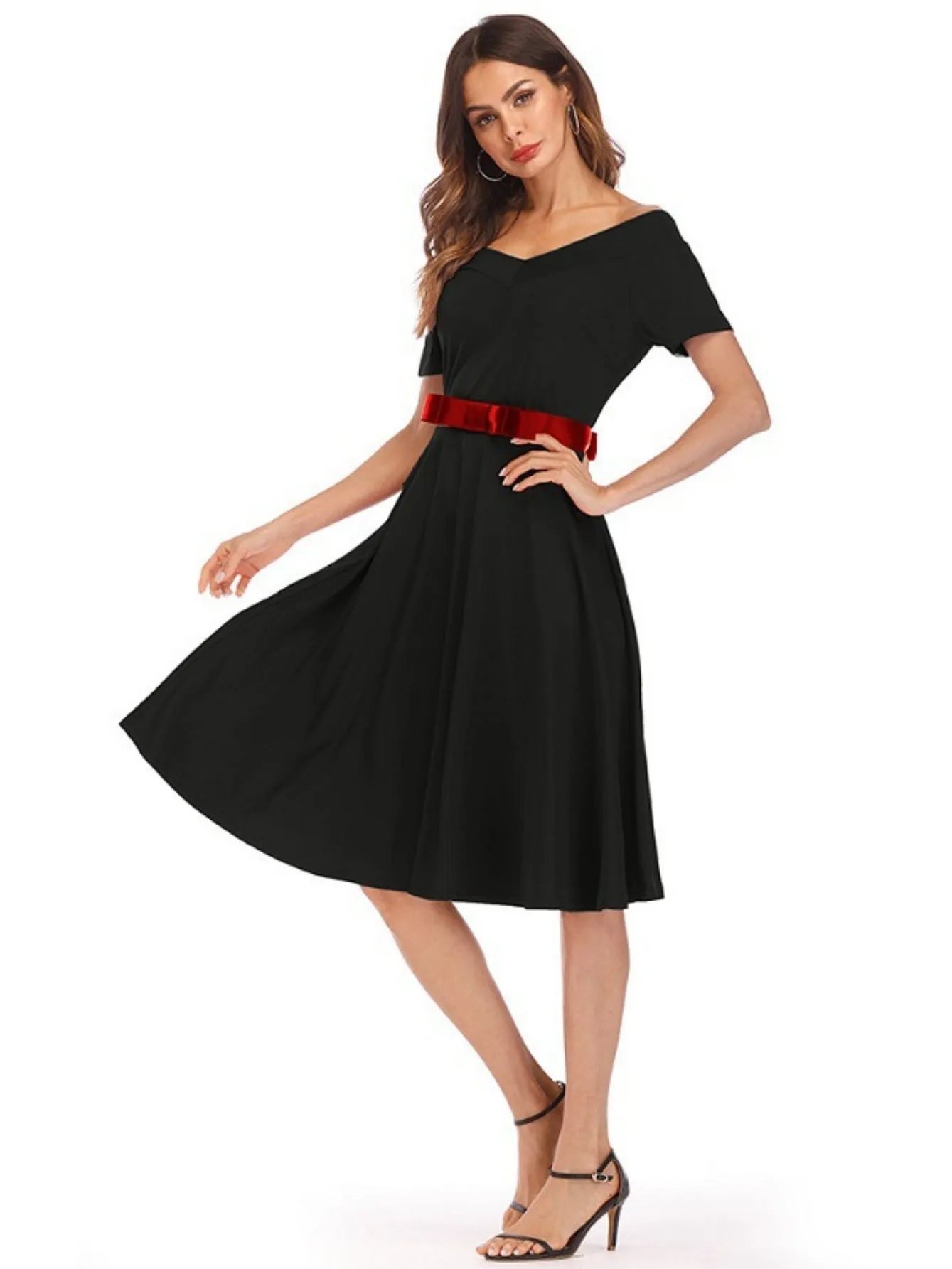 Deep V-neck Short-sleeved Retro Dress