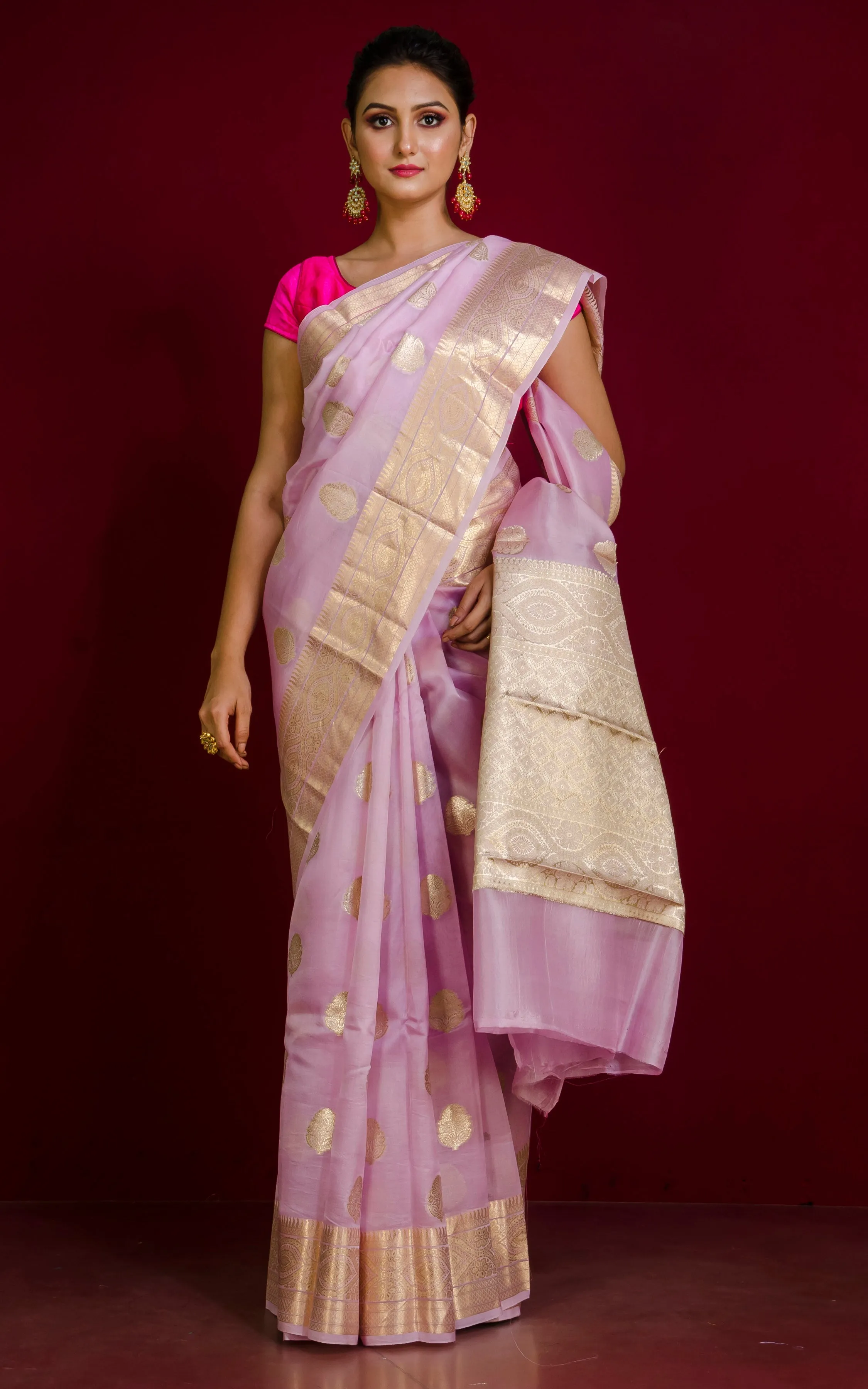 Designer Handloom Kora Silk Banarasi Saree in Pastel Pink and Pale Gold