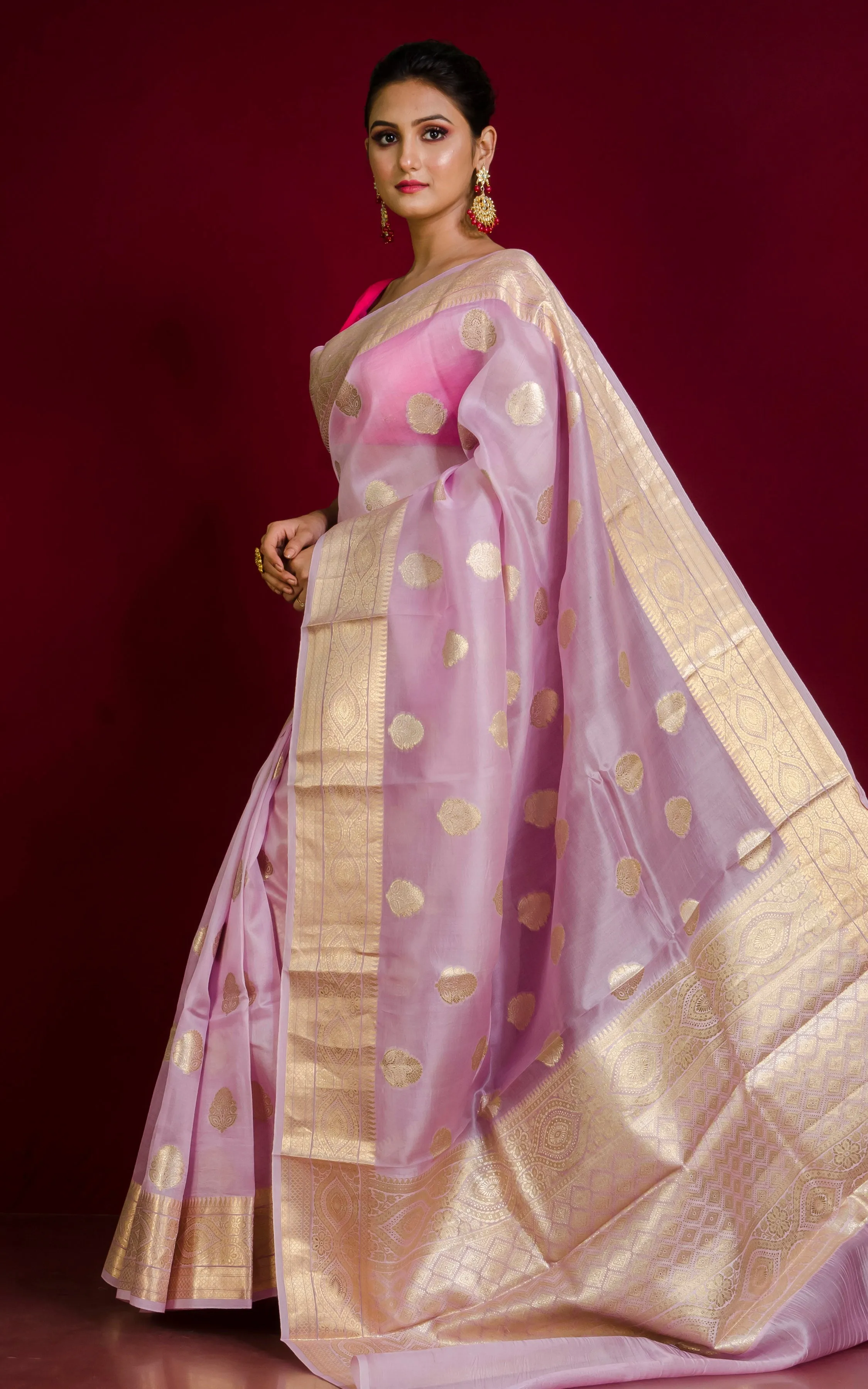 Designer Handloom Kora Silk Banarasi Saree in Pastel Pink and Pale Gold