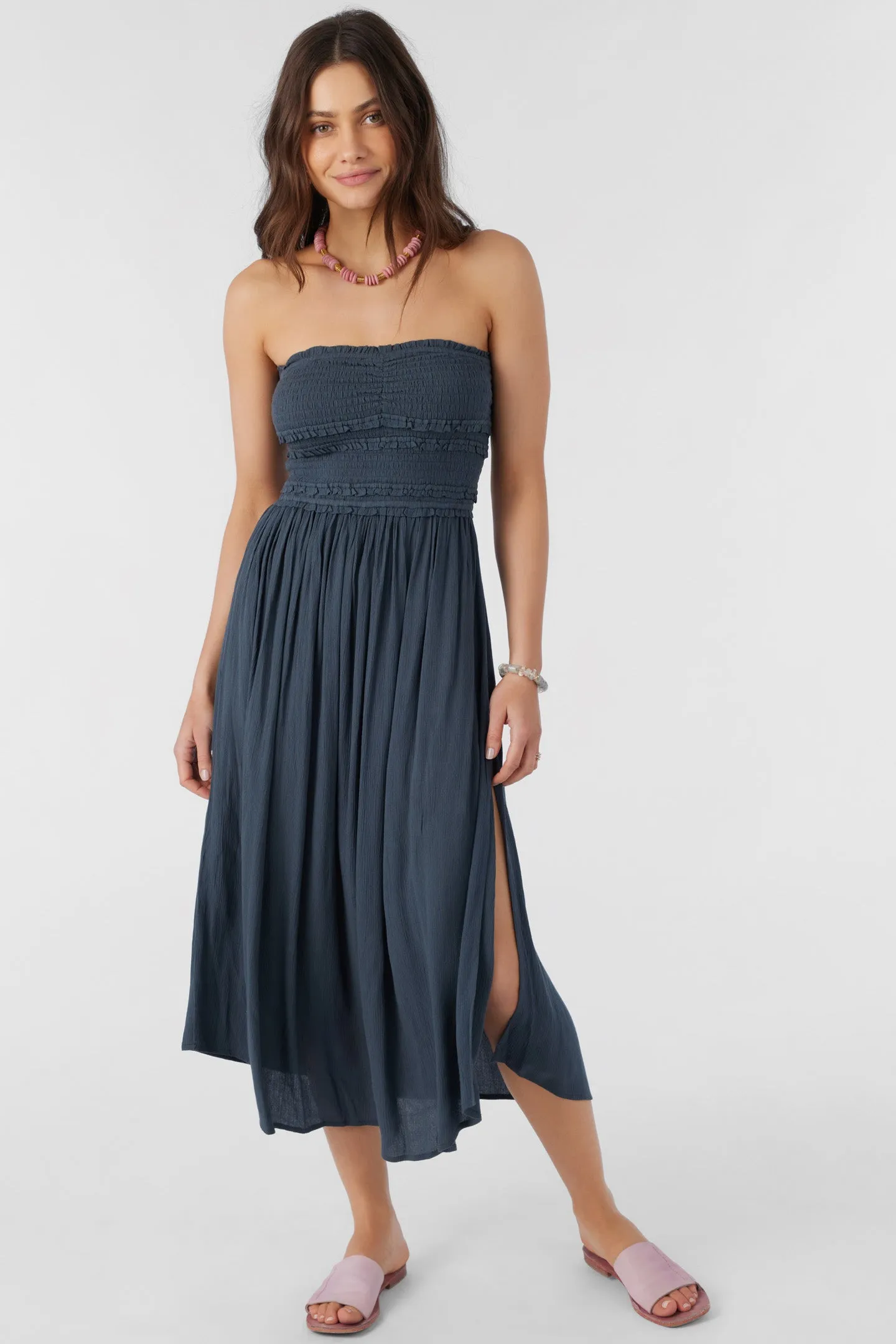 DEVYN SMOCKED STRAPLESS MIDI DRESS