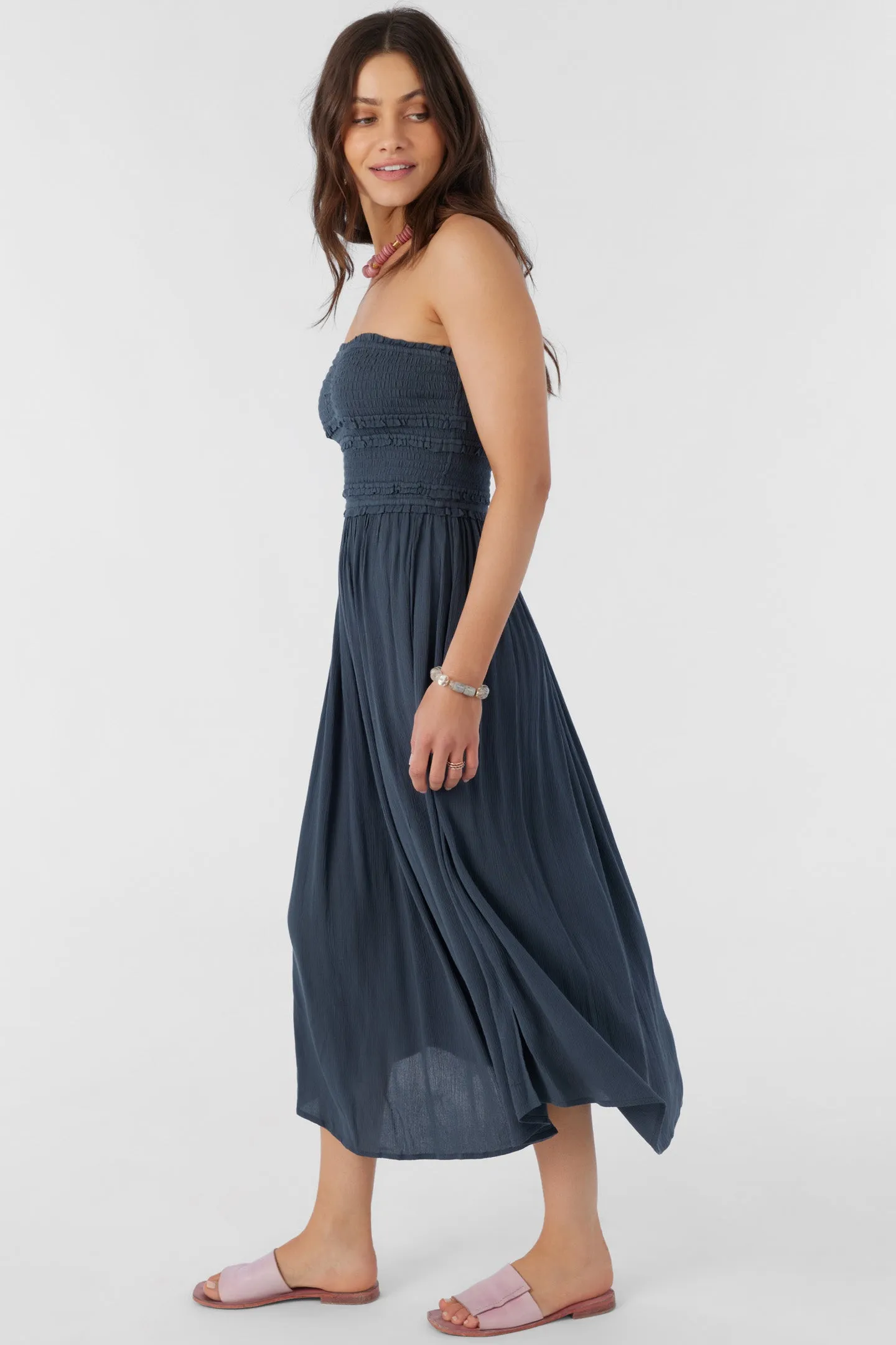 DEVYN SMOCKED STRAPLESS MIDI DRESS