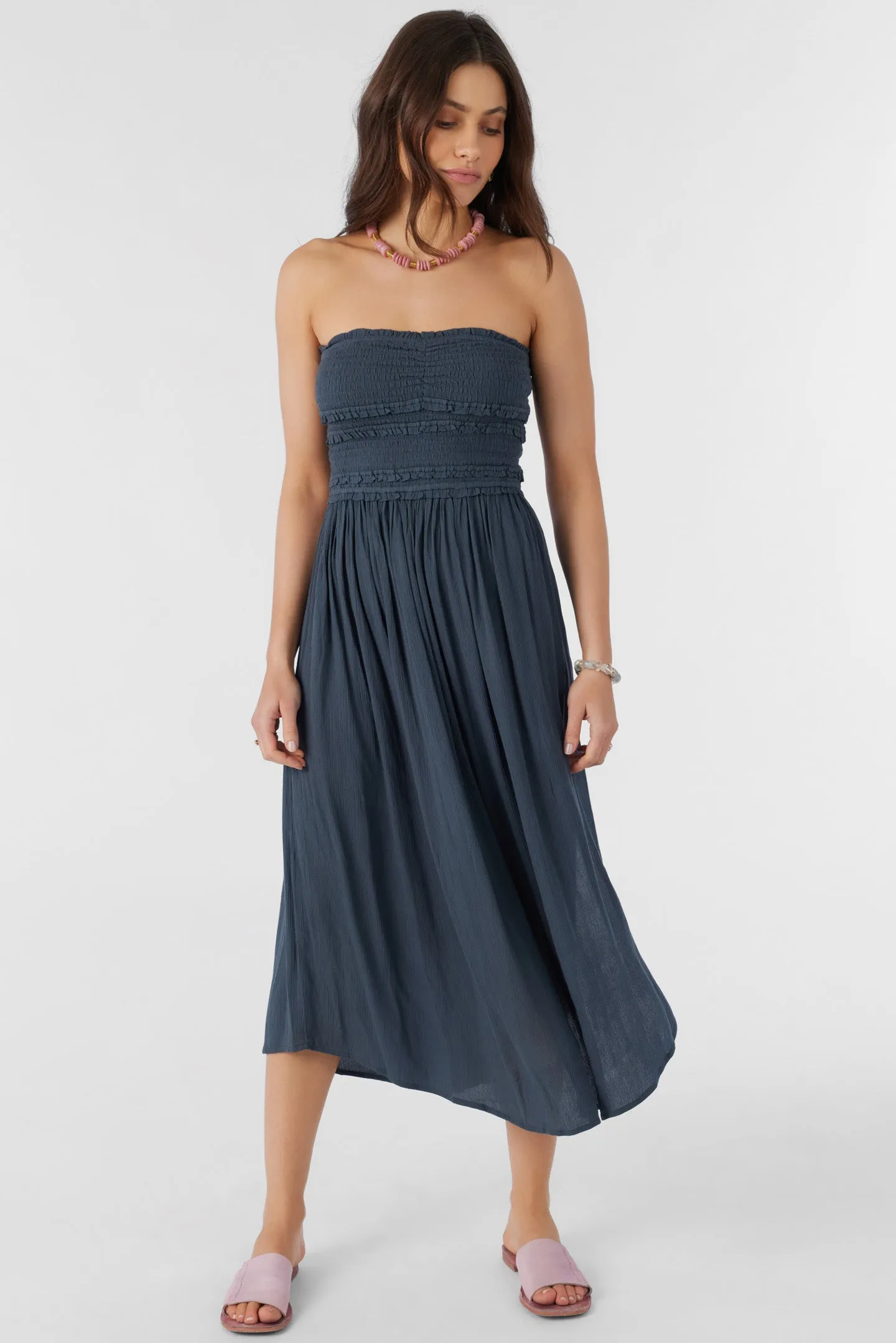 DEVYN SMOCKED STRAPLESS MIDI DRESS