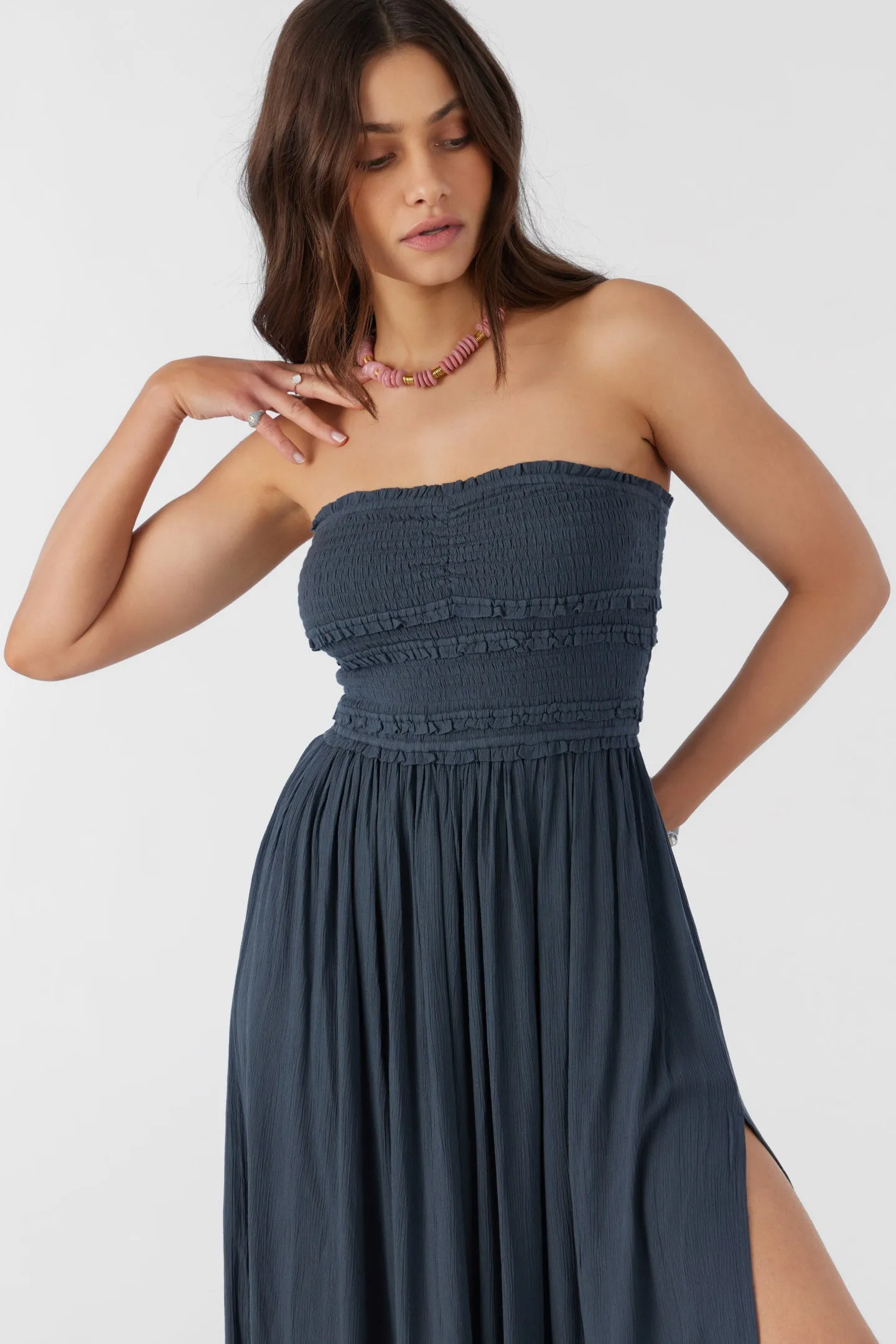 DEVYN SMOCKED STRAPLESS MIDI DRESS