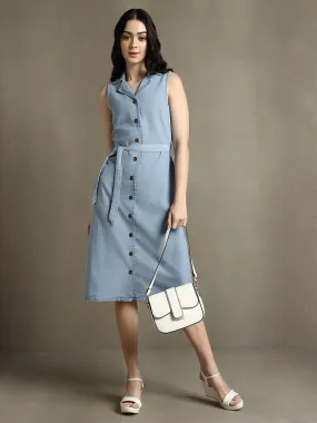 DL Woman Light Blue Solid Notch Lapel Sleeveless Dress