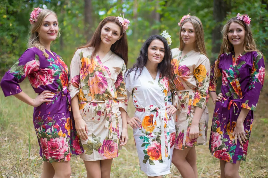 Eggplant, Beige and White Wedding Colors Bridesmaids Robes