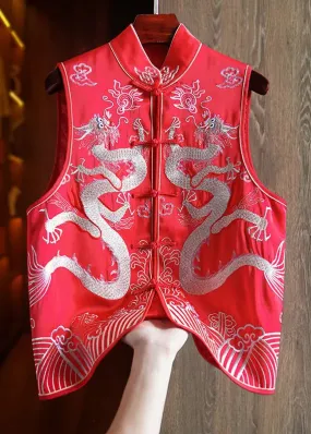 Embroidered Button Silk Beach Waistcoat Sleeveless