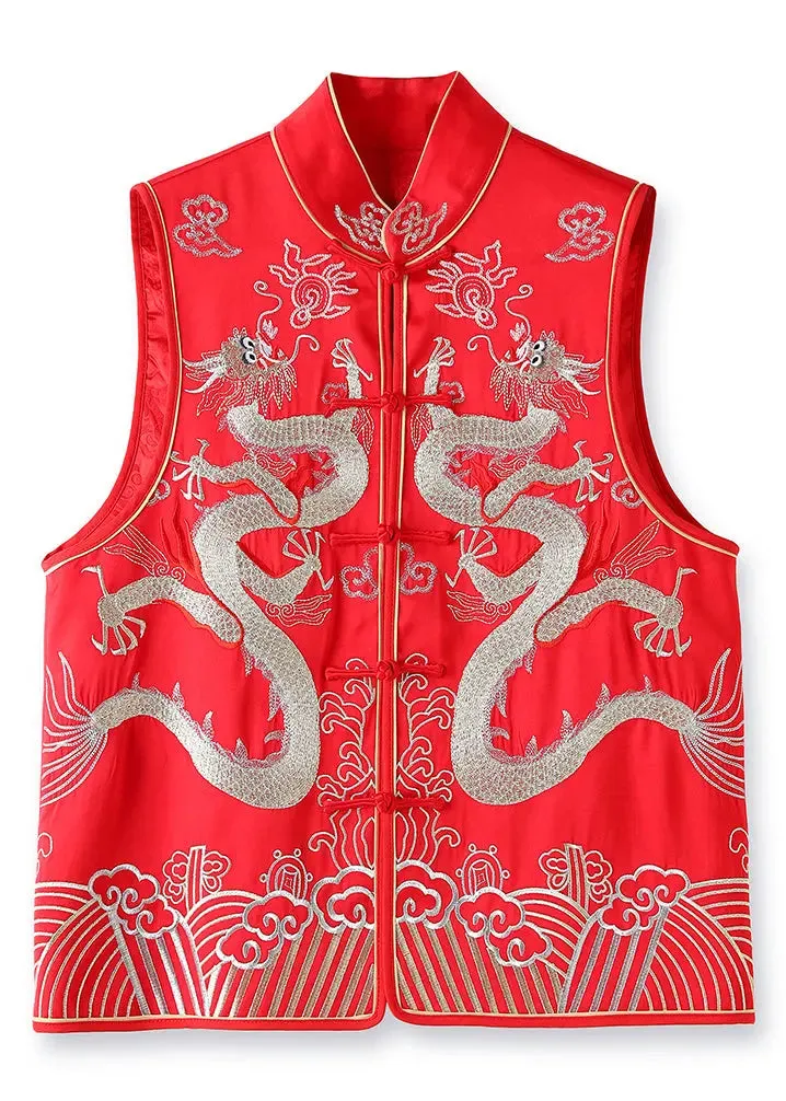 Embroidered Button Silk Beach Waistcoat Sleeveless