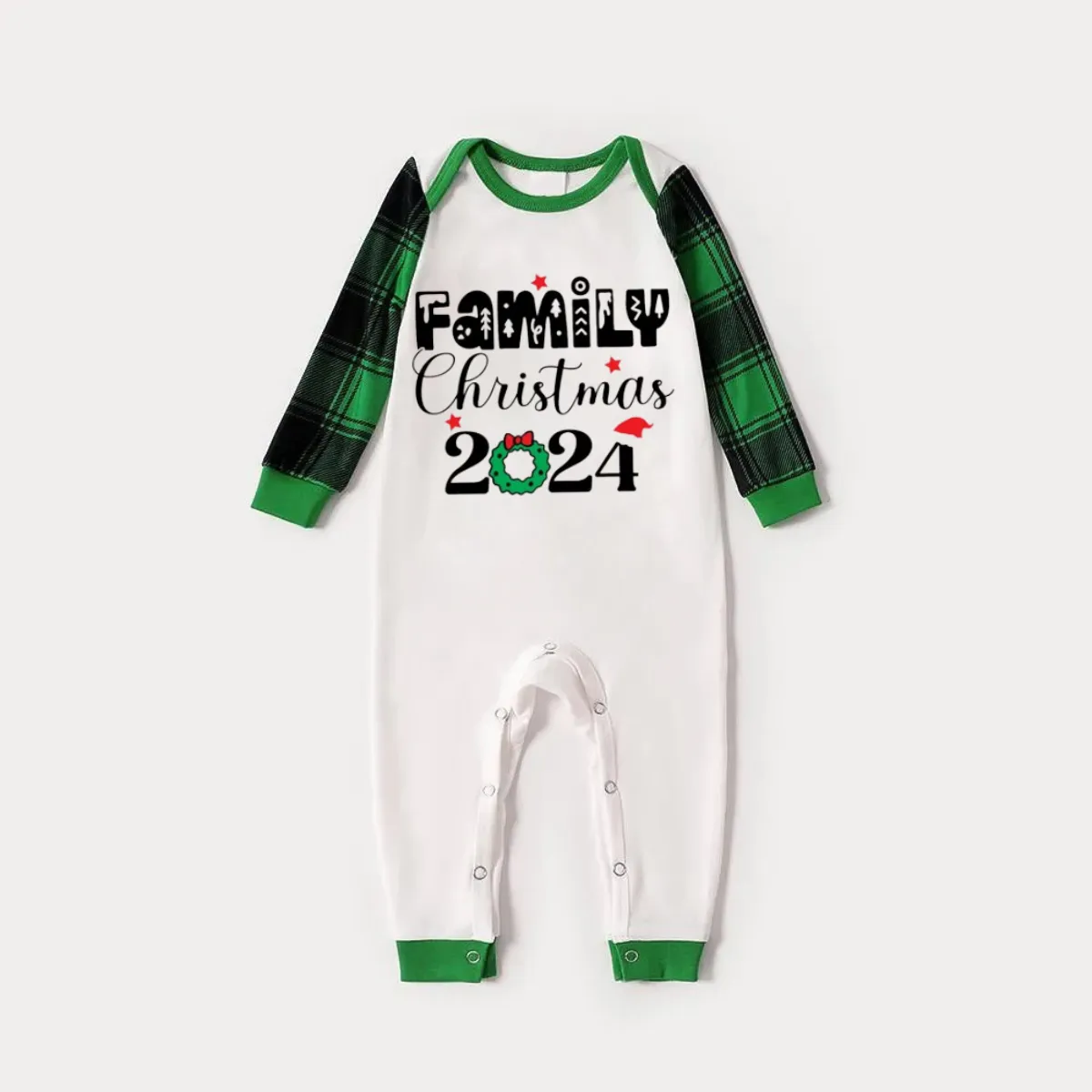 Family Christmas 2024 Print Long Sleeve Top With Green & Black Plaid Christmas Family Matching Pajamas