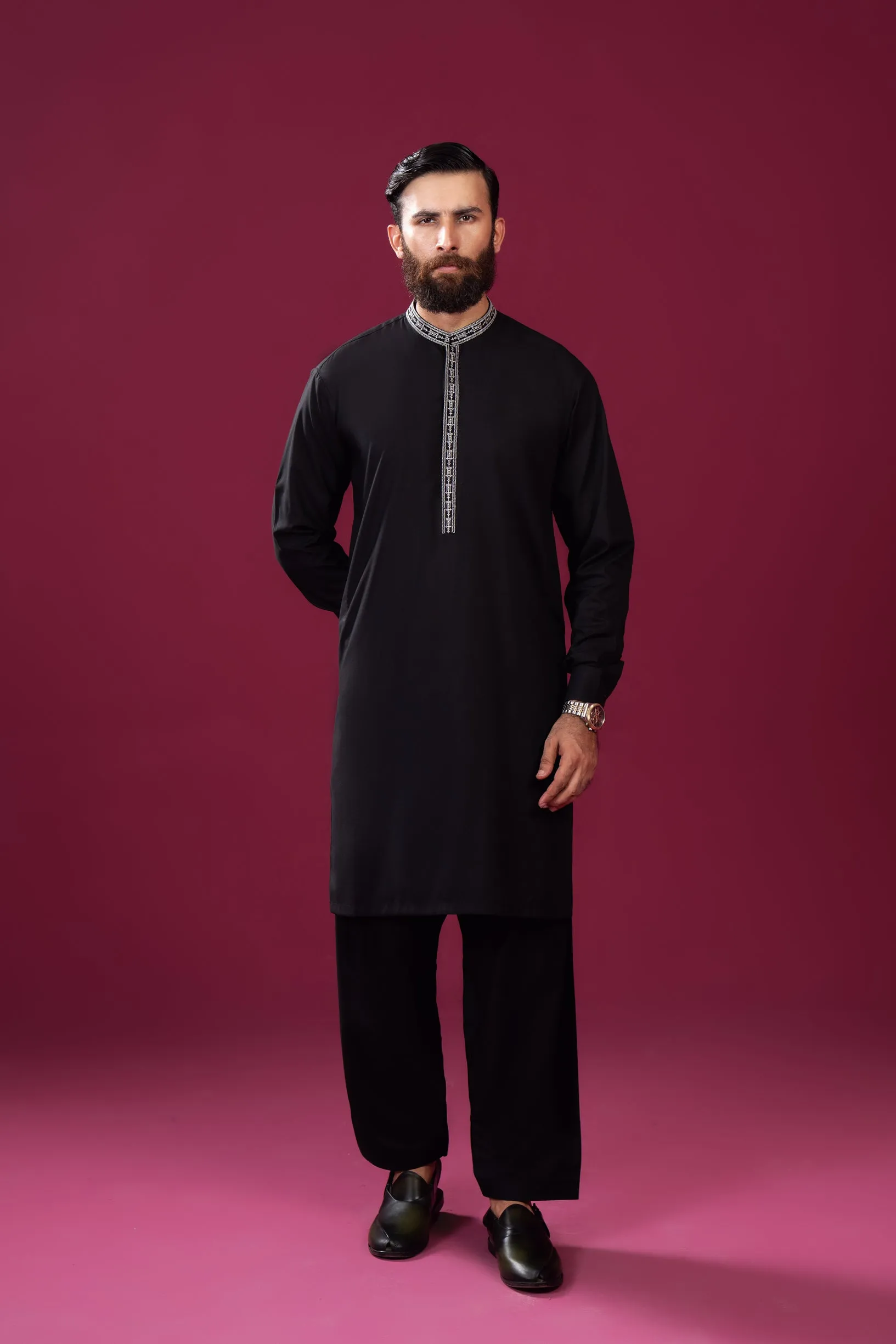 Formal Black Kurta Shalwar - Falling Collar Neck Embroidered - Men